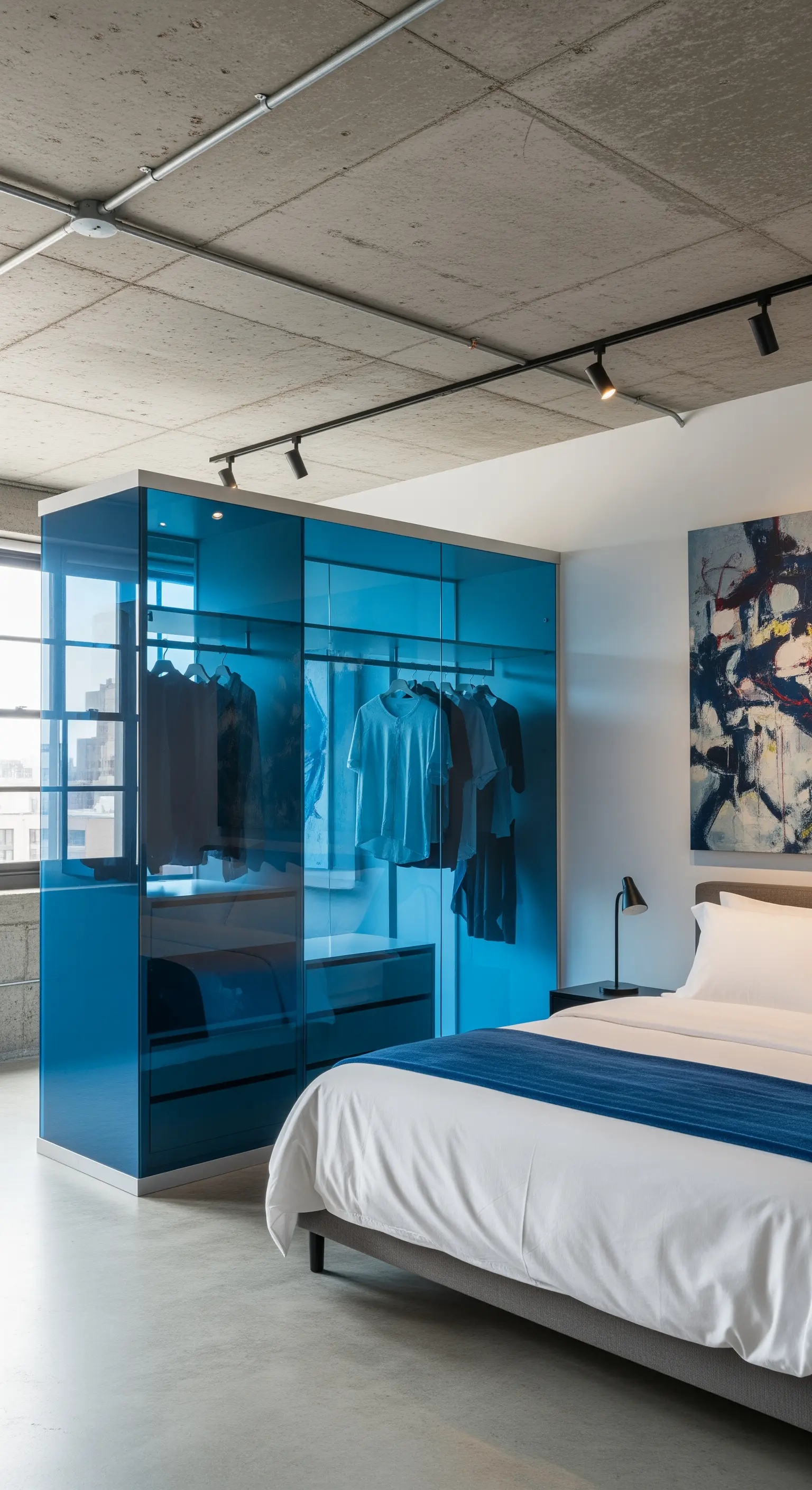 Schlafzimmer im Industrial-Look mit blau getöntem Glas-Kleiderschrank