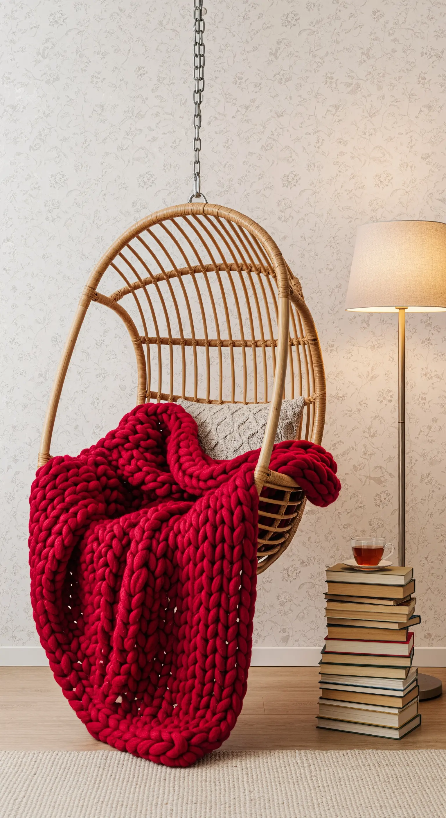 Hängesessel mit roter grobgestrickter Decke und Bücherstapel