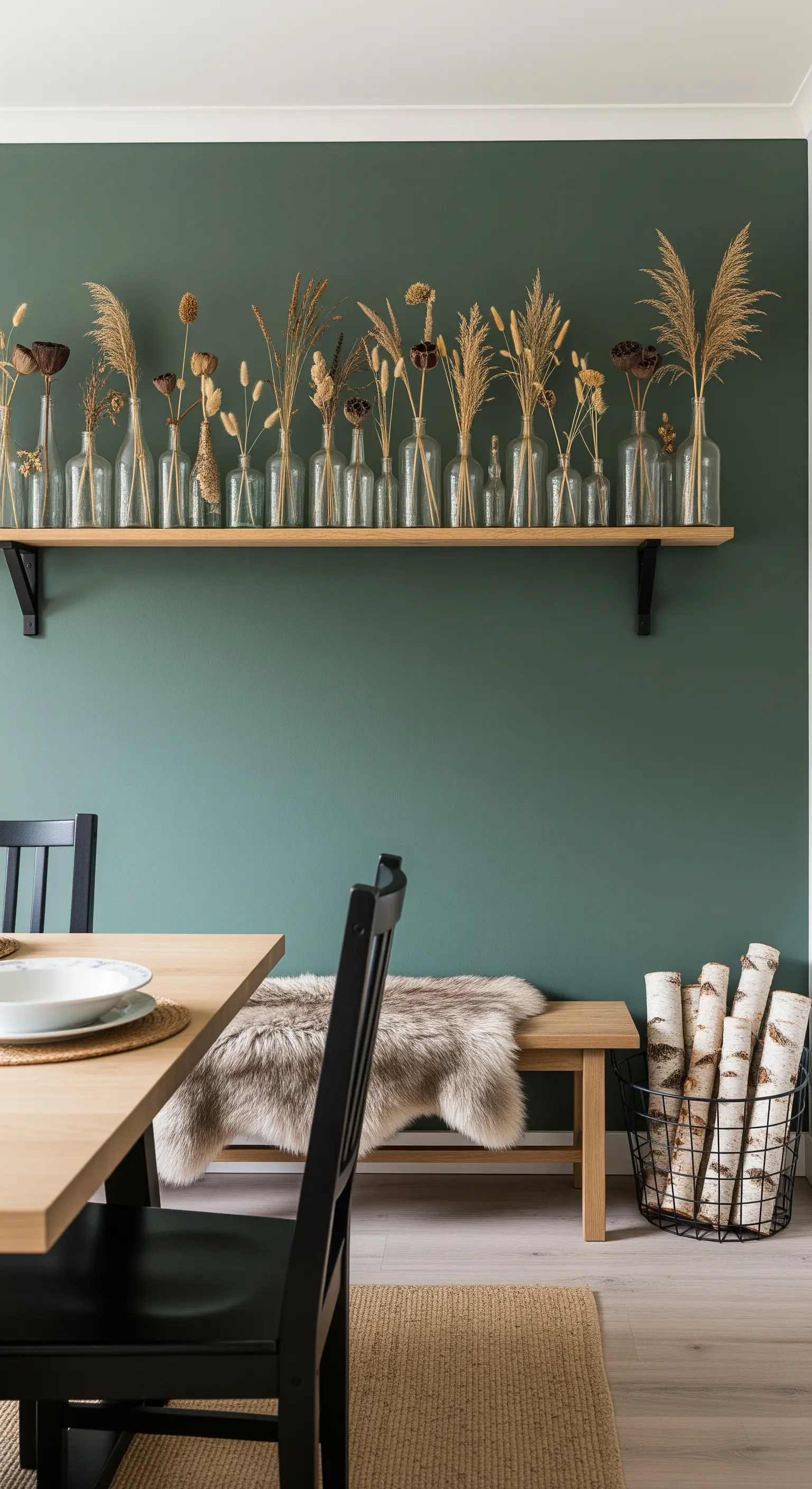 Wandregal vor grüner Wand mit Reihe von Glasflaschen und Trockengräsern