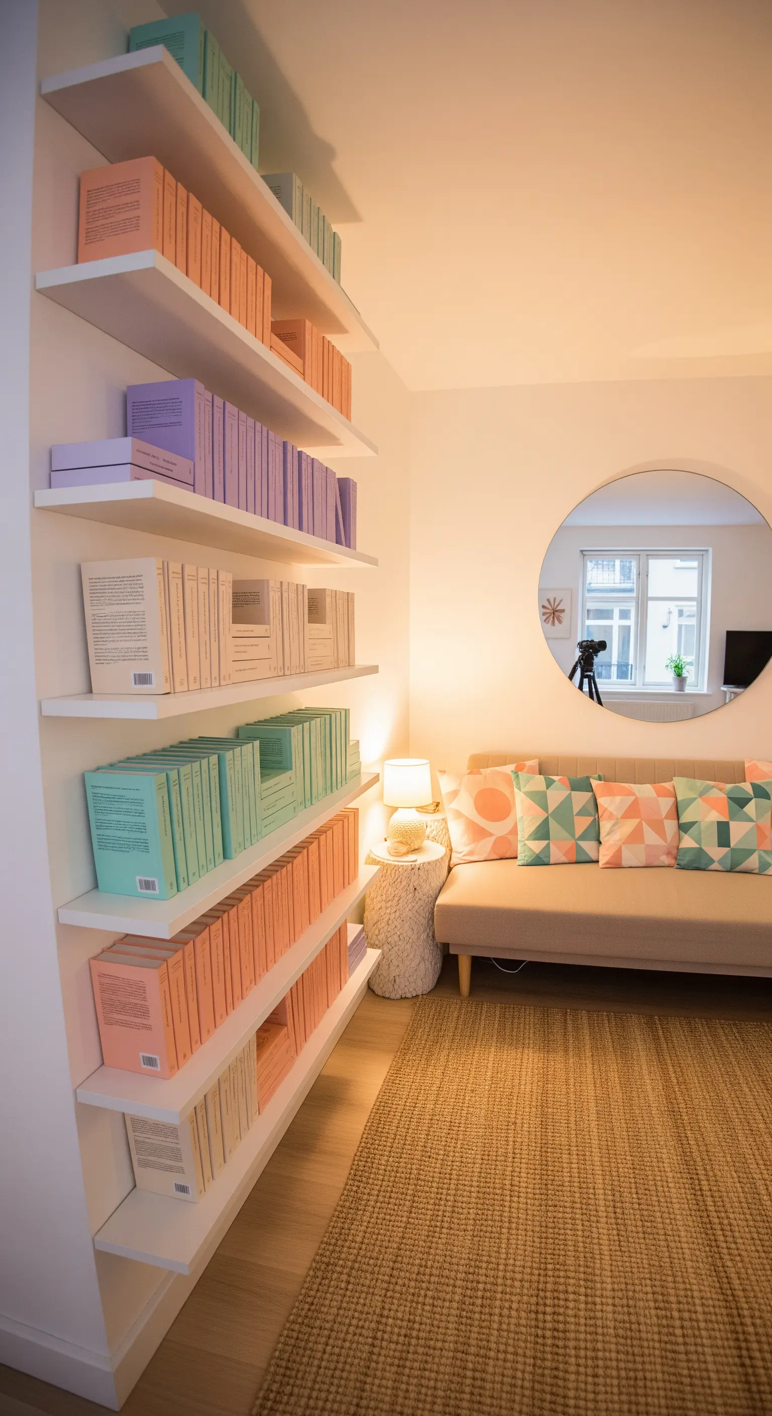Regal mit farblich sortierten Büchern und rundem Spiegel