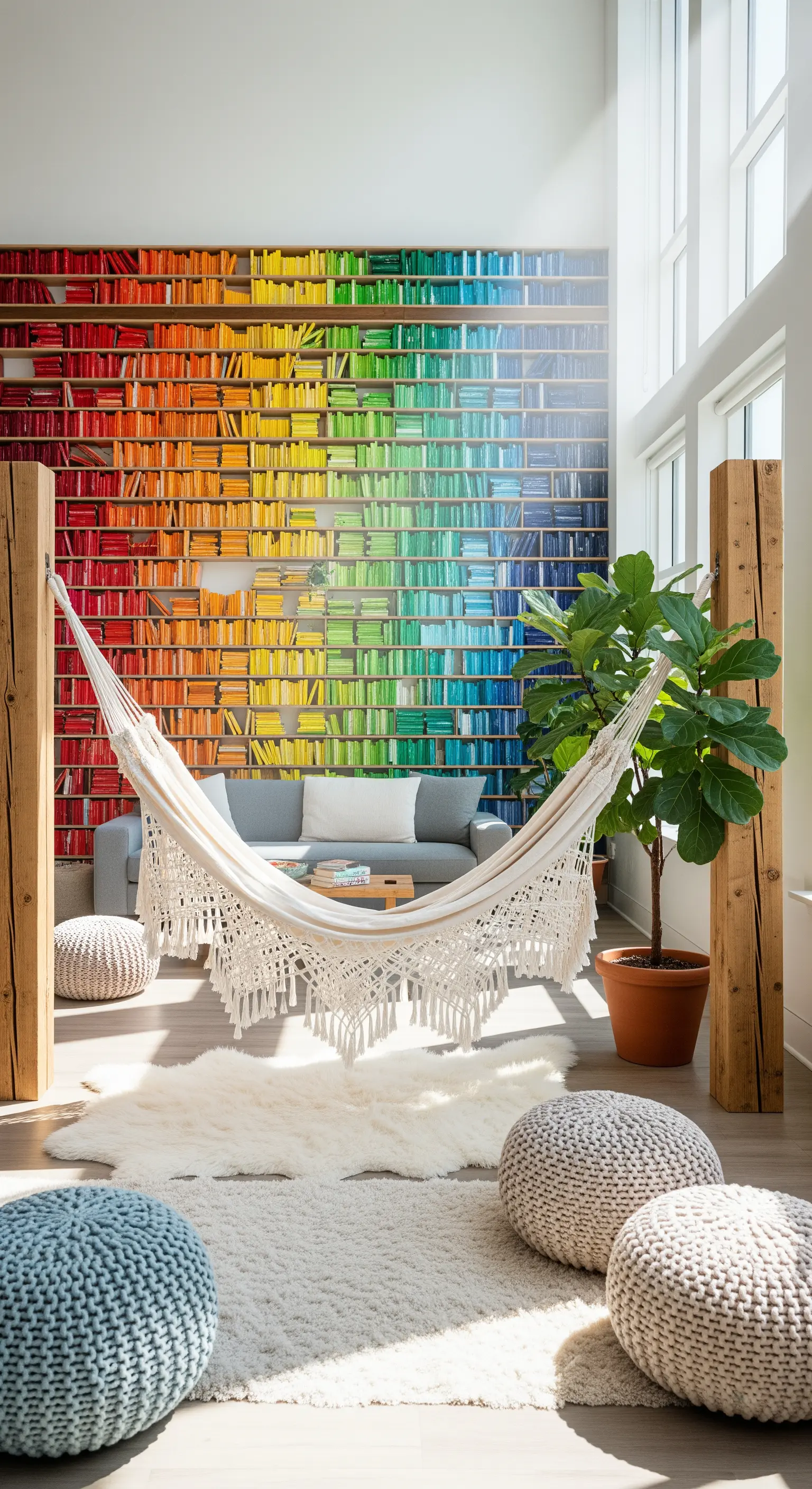 Wohnzimmer mit riesigem Regenbogen-Bücherregal und Hängematte