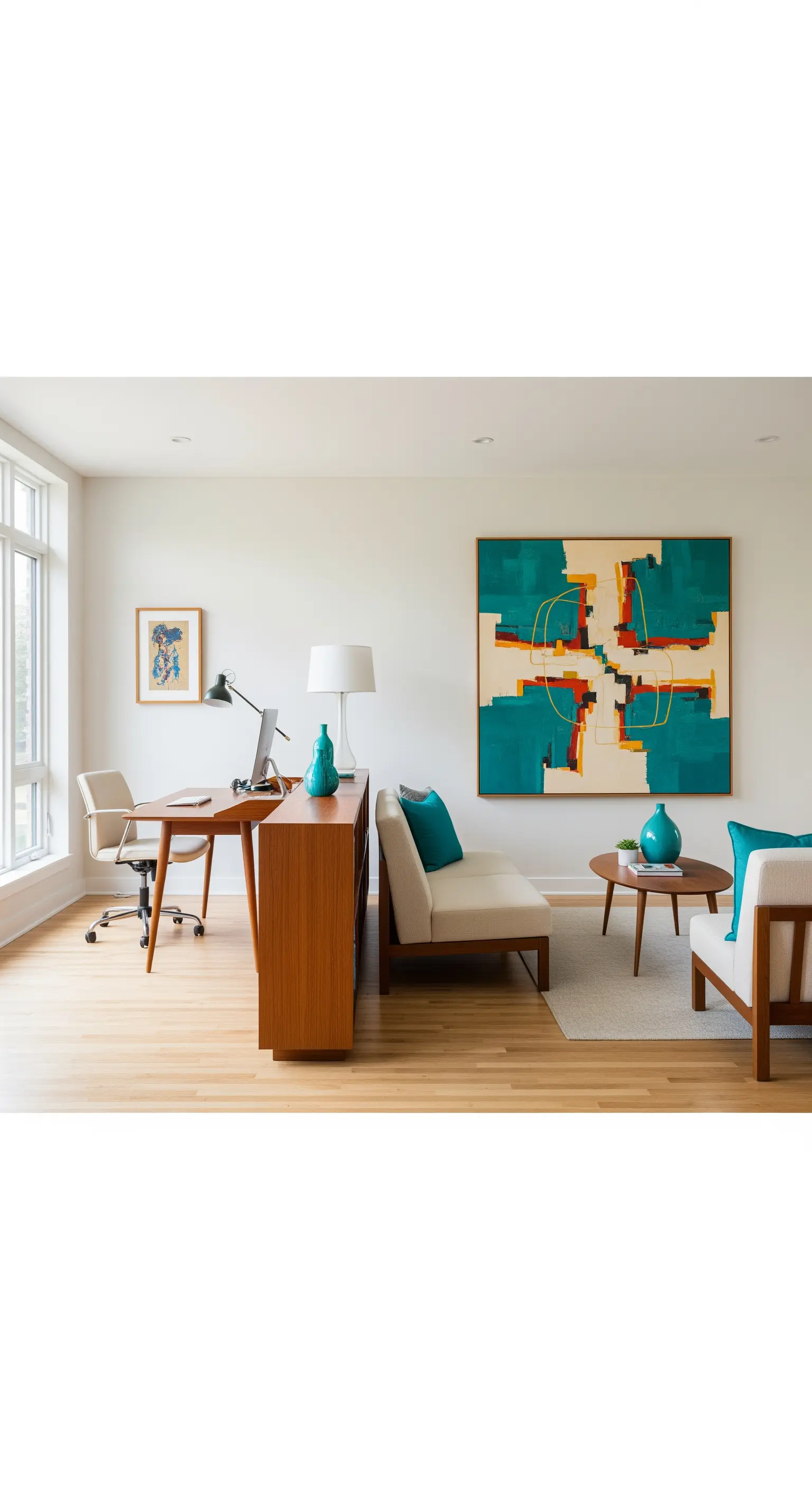 Freistehender Holzschreibtisch mit großem bunten Kunstwerk