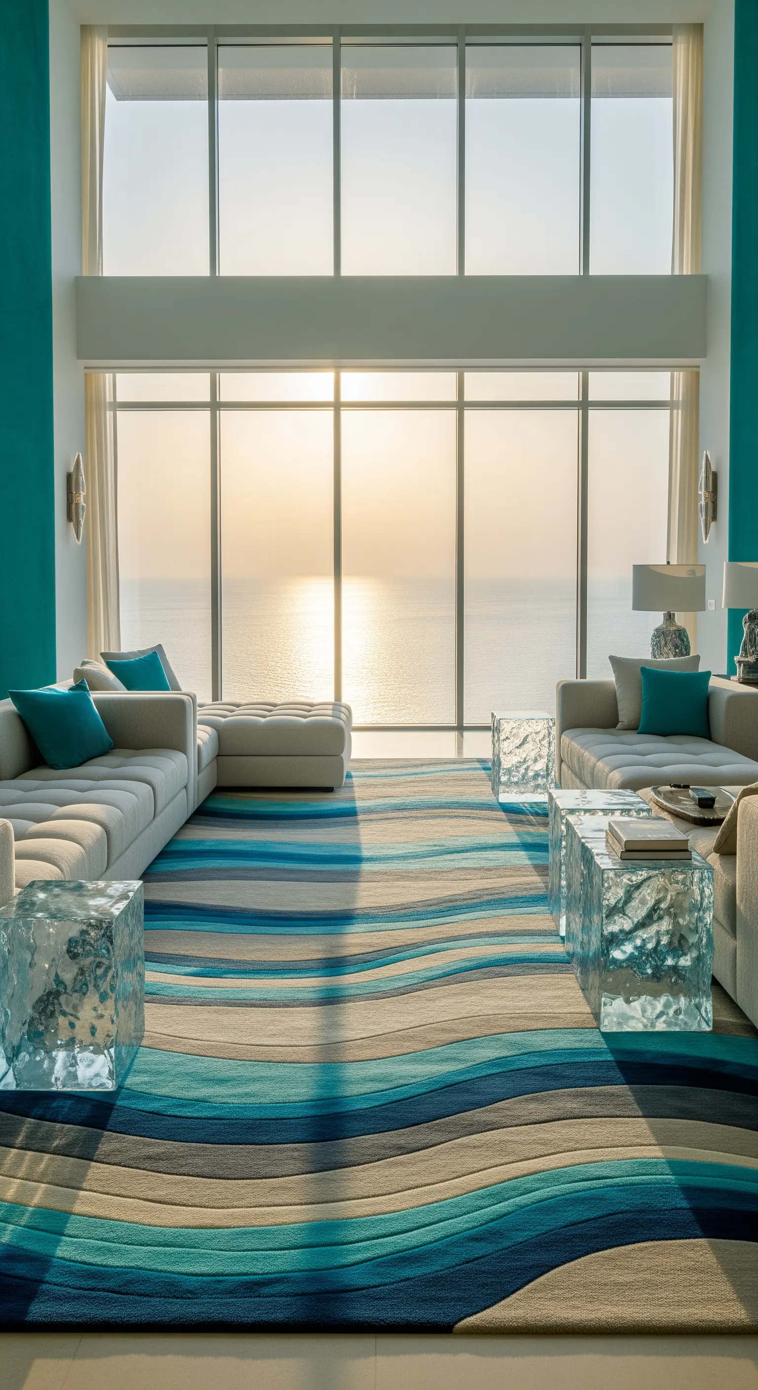 Wohnzimmer mit Meerblick, Glastischen und welligem Teppich