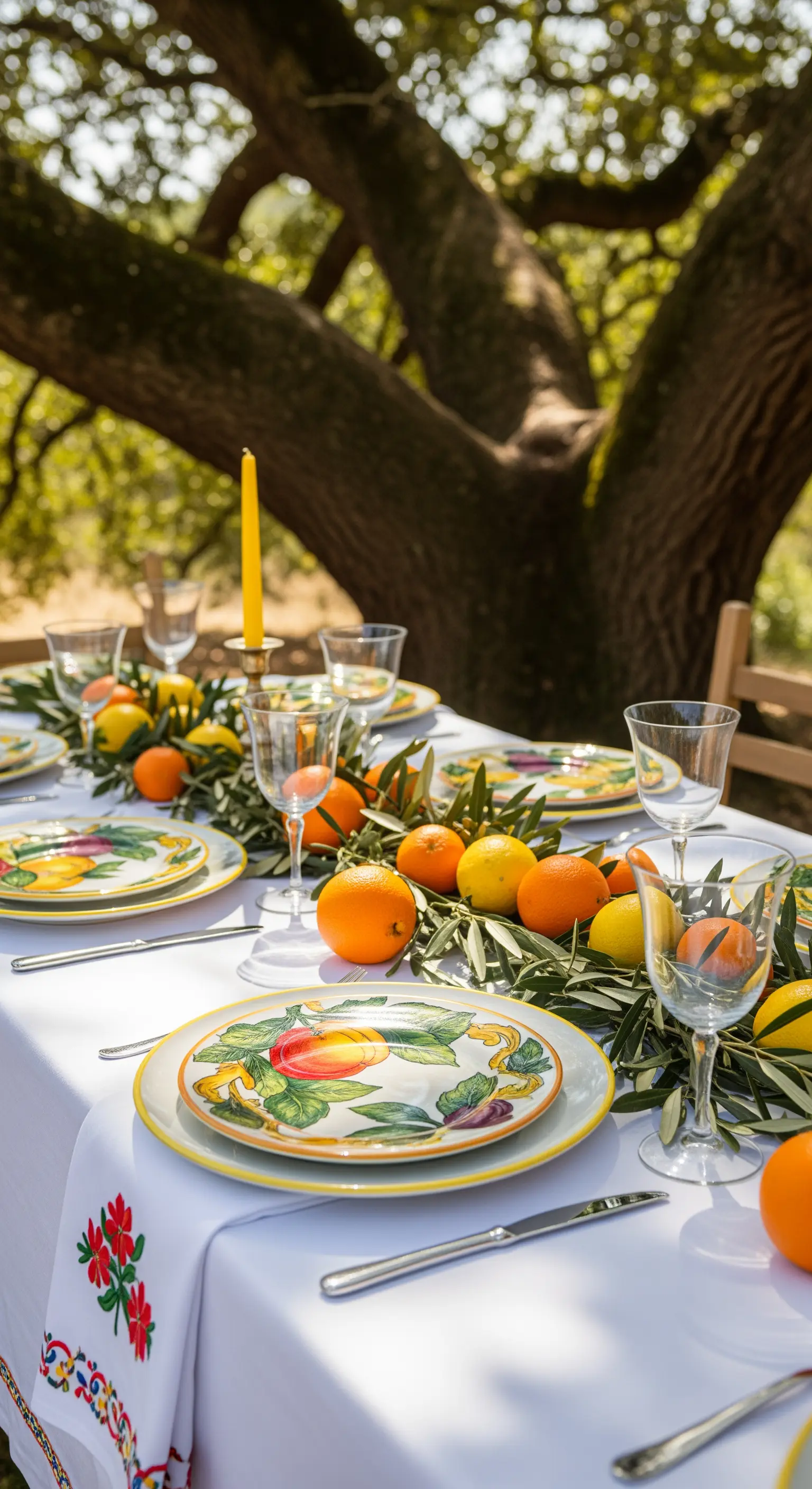 Bunt bemalte Teller mit Orangen-Deko auf weißem Tisch