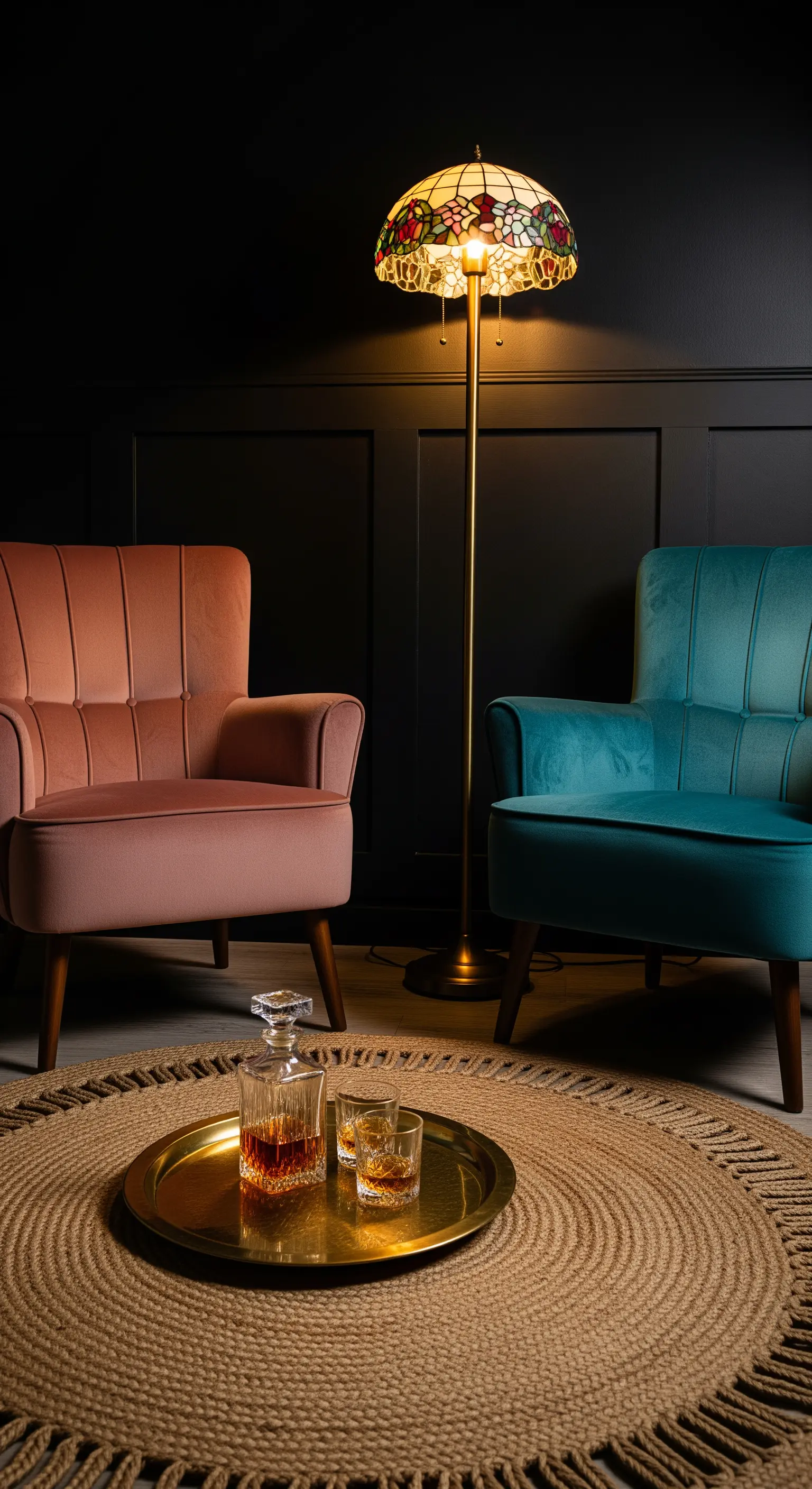 Zwei bunte Samtsessel unter einer Tiffany-Stehlampe