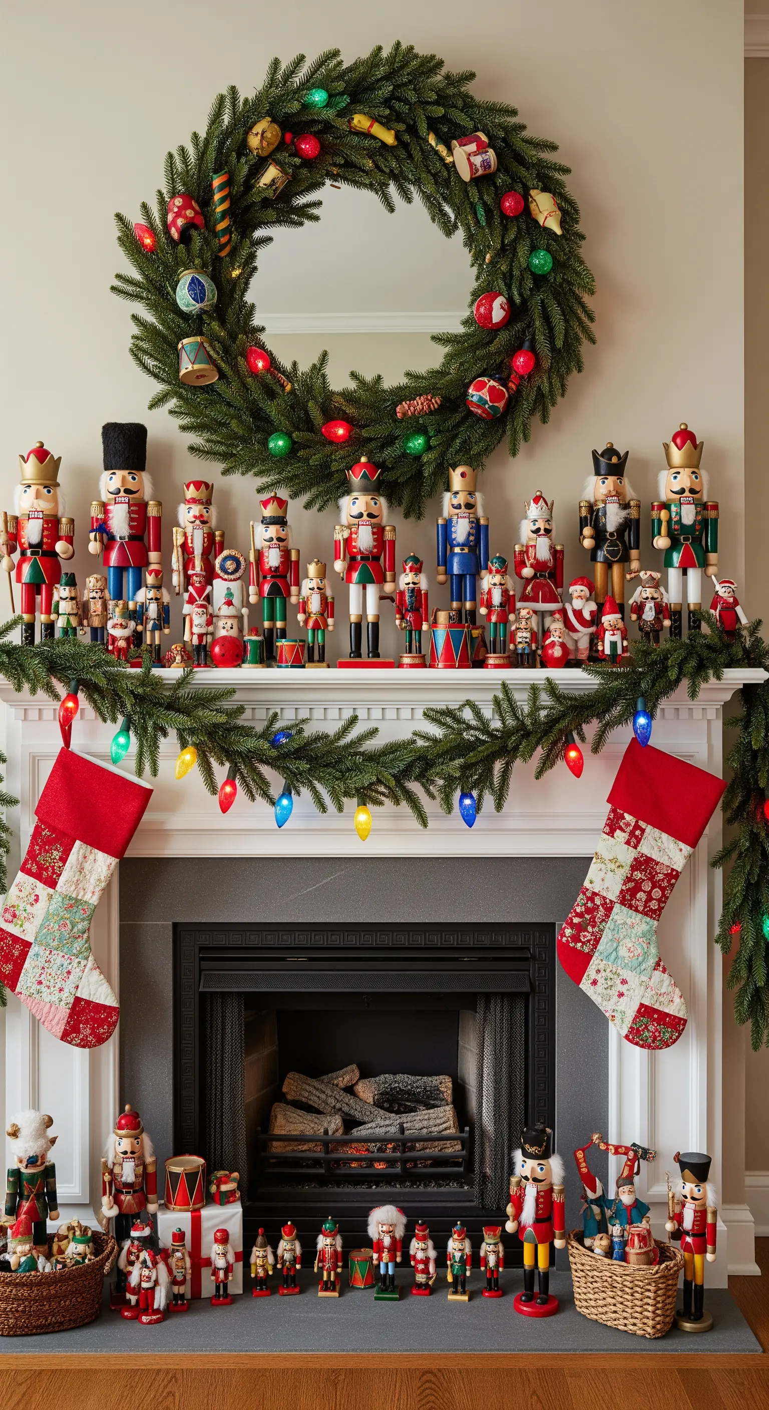 Kamin mit Nussknacker-Sammlung und bunten Socken