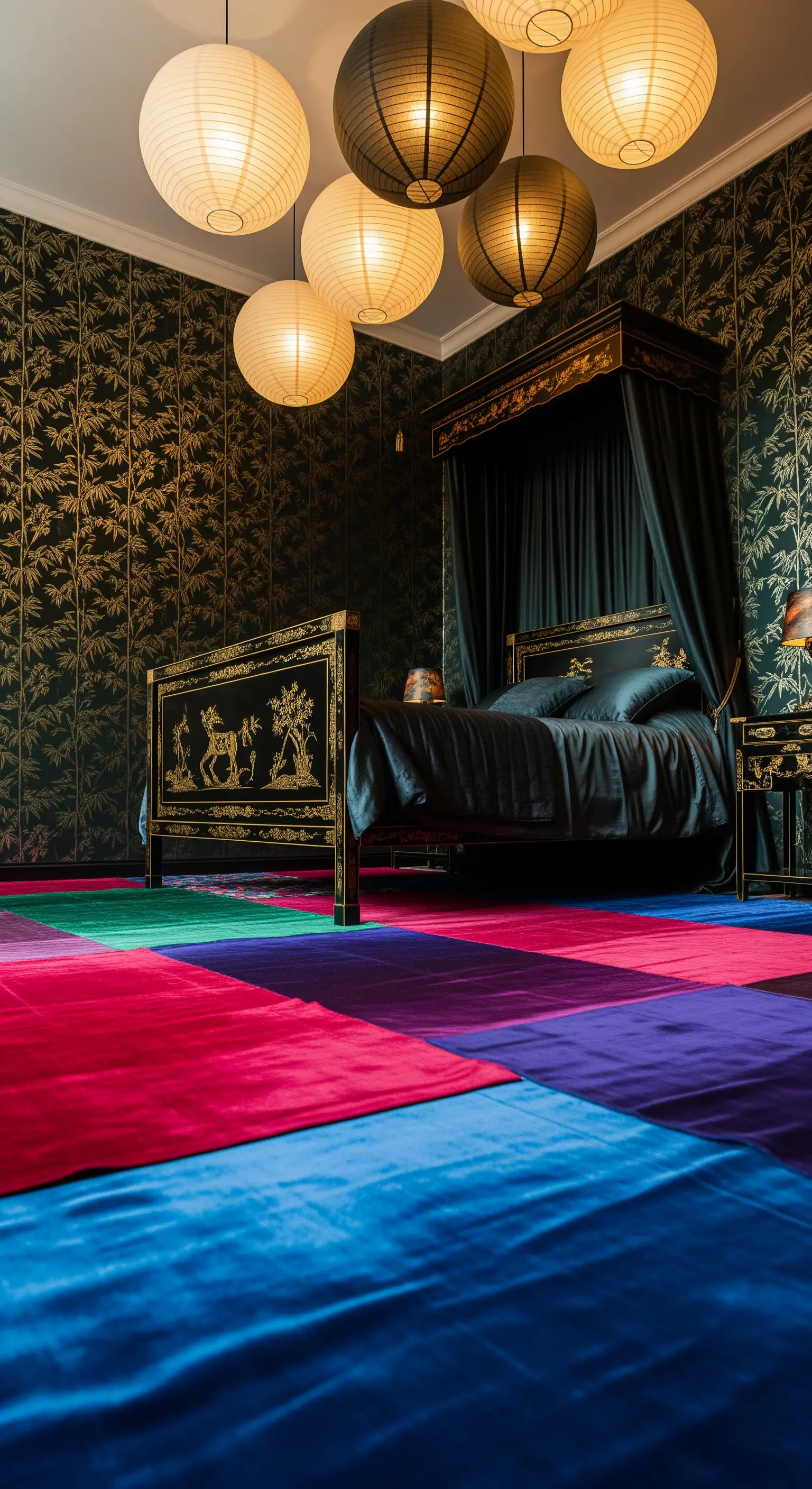 Dunkle Bambustapete mit buntem Teppichboden und Himmelbett