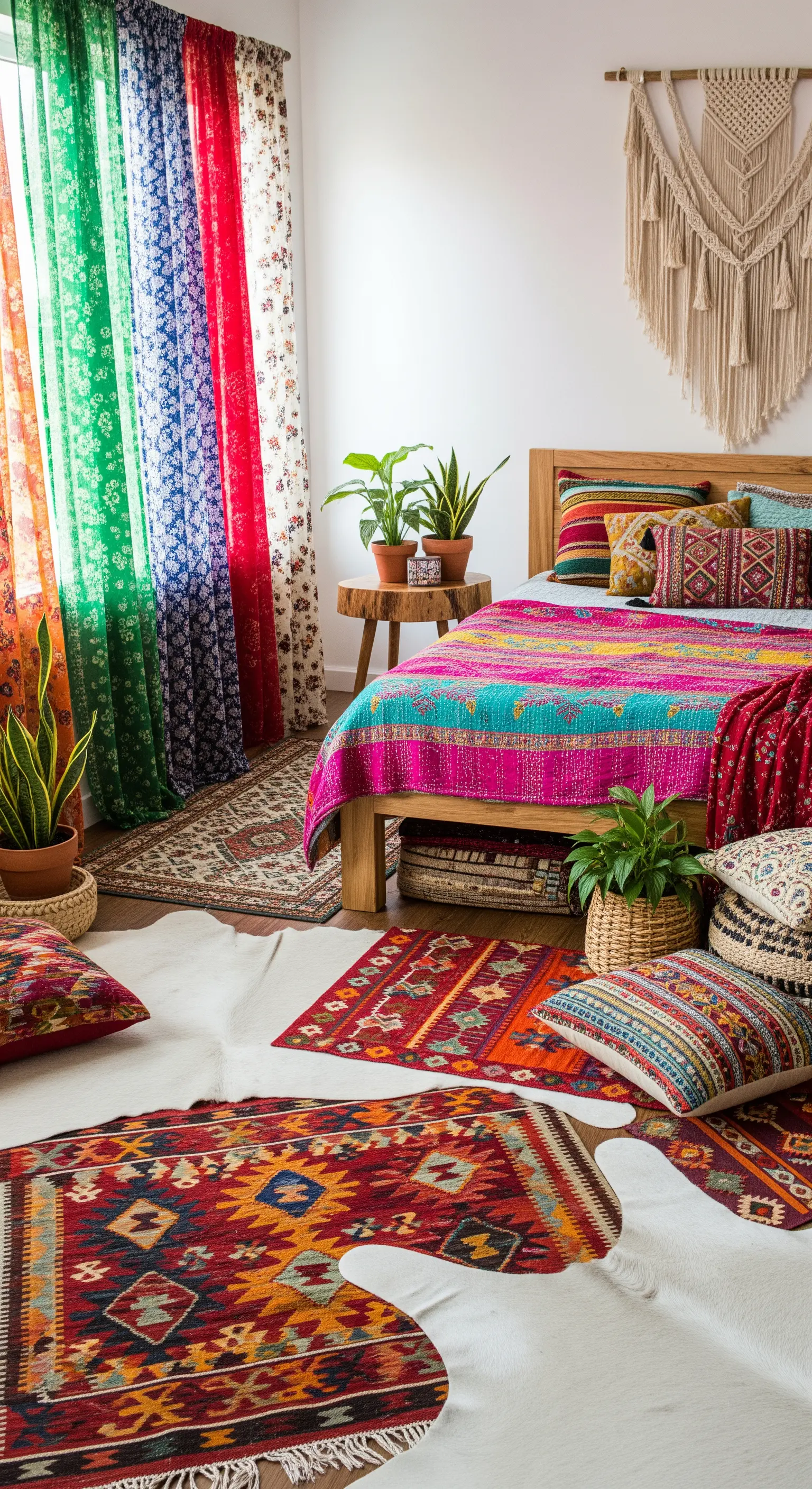 Bunter Teppich und farbige Vorhänge im lebhaften Boho-Zimmer