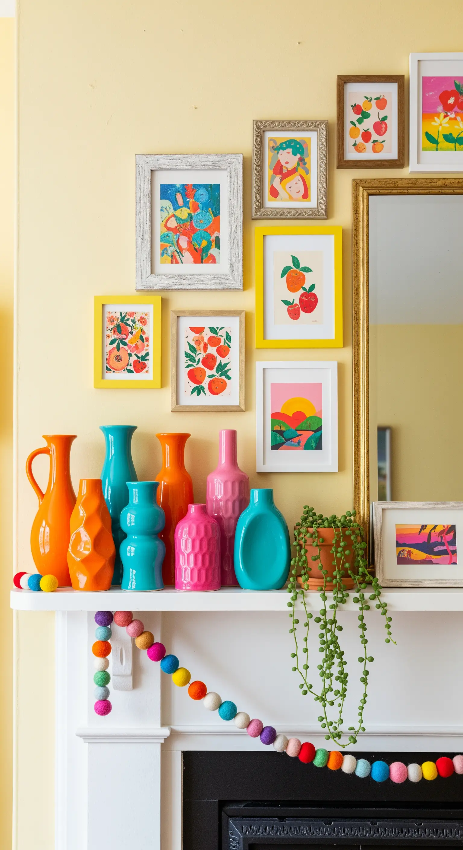 Bunte Vasen und farbenfrohe Kunstbilder auf Kaminsims
