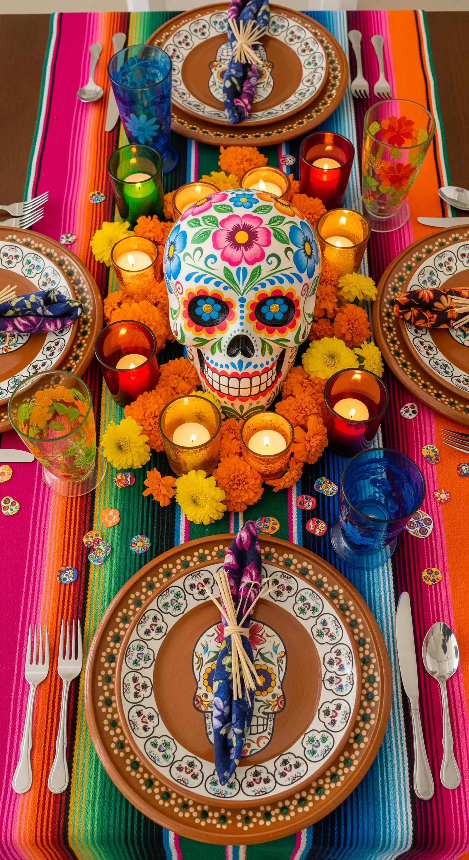 Bunter Zuckerschädel und Serape-Läufer mit Tagetes-Blumen