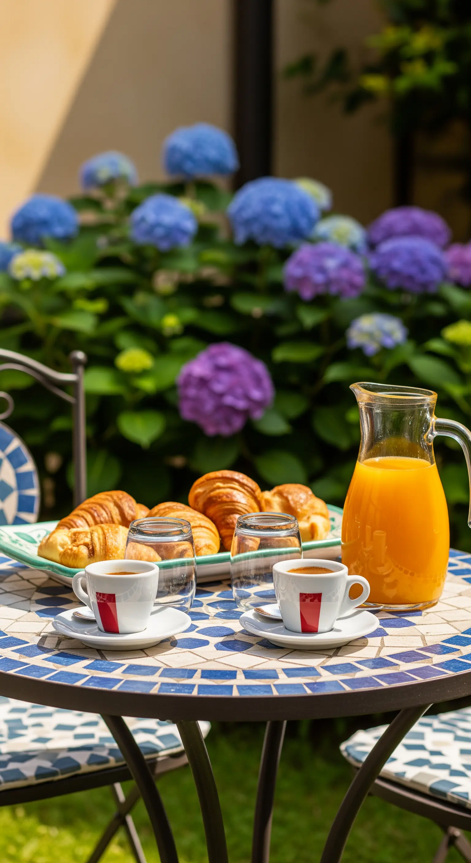 Frühstückstisch mit Orangensaft vor Hortensienbüschen