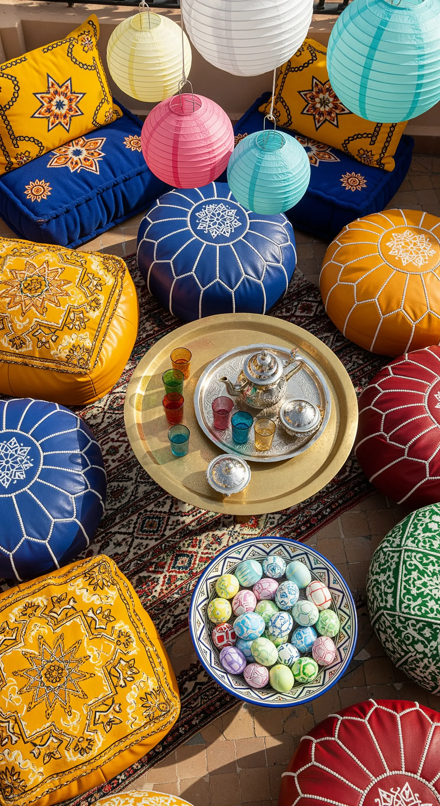 Bunte Sitzkissen und Lampions auf dem Boden