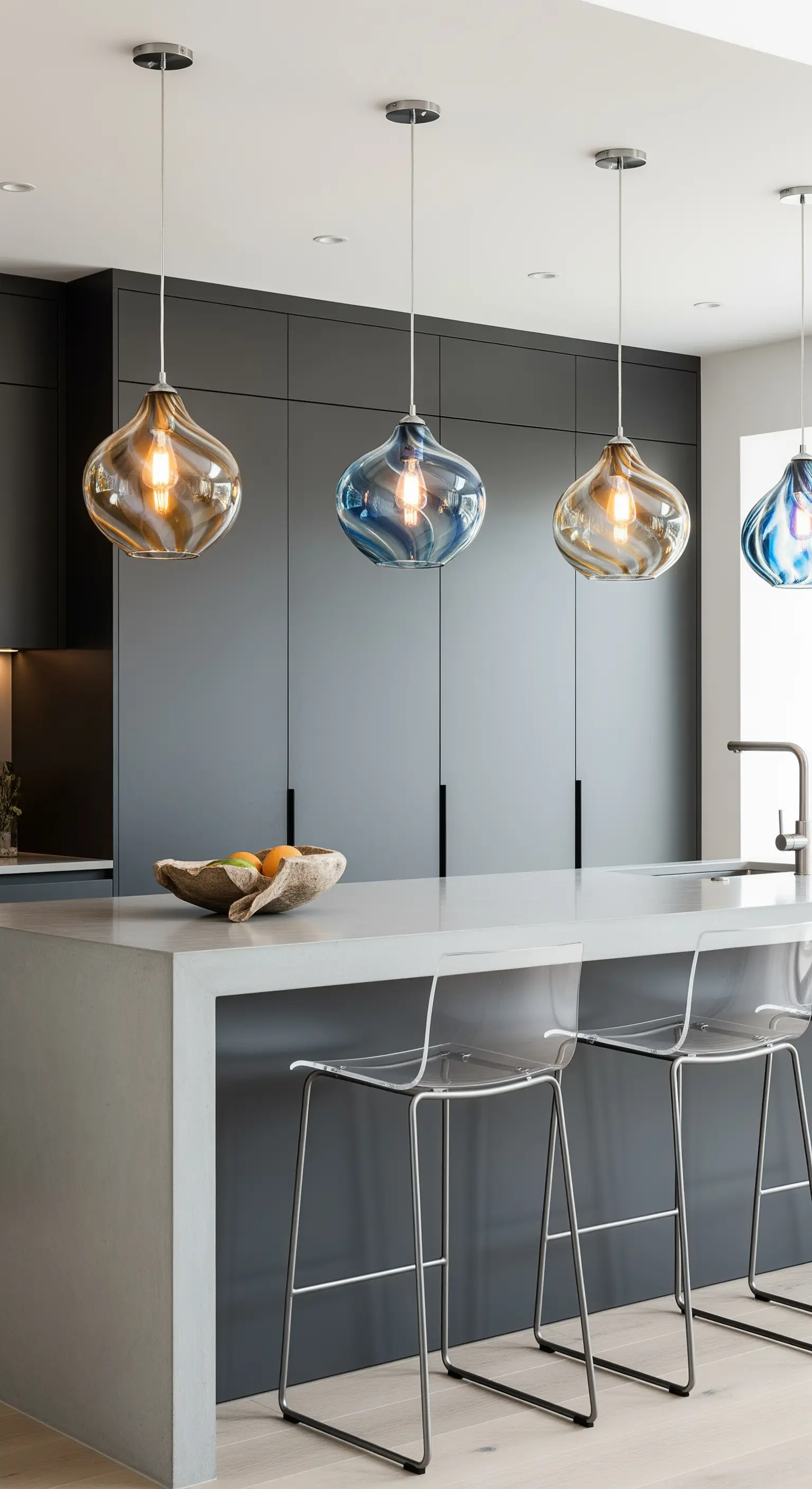 Kücheninsel mit drei bunten Glaspendelleuchten
