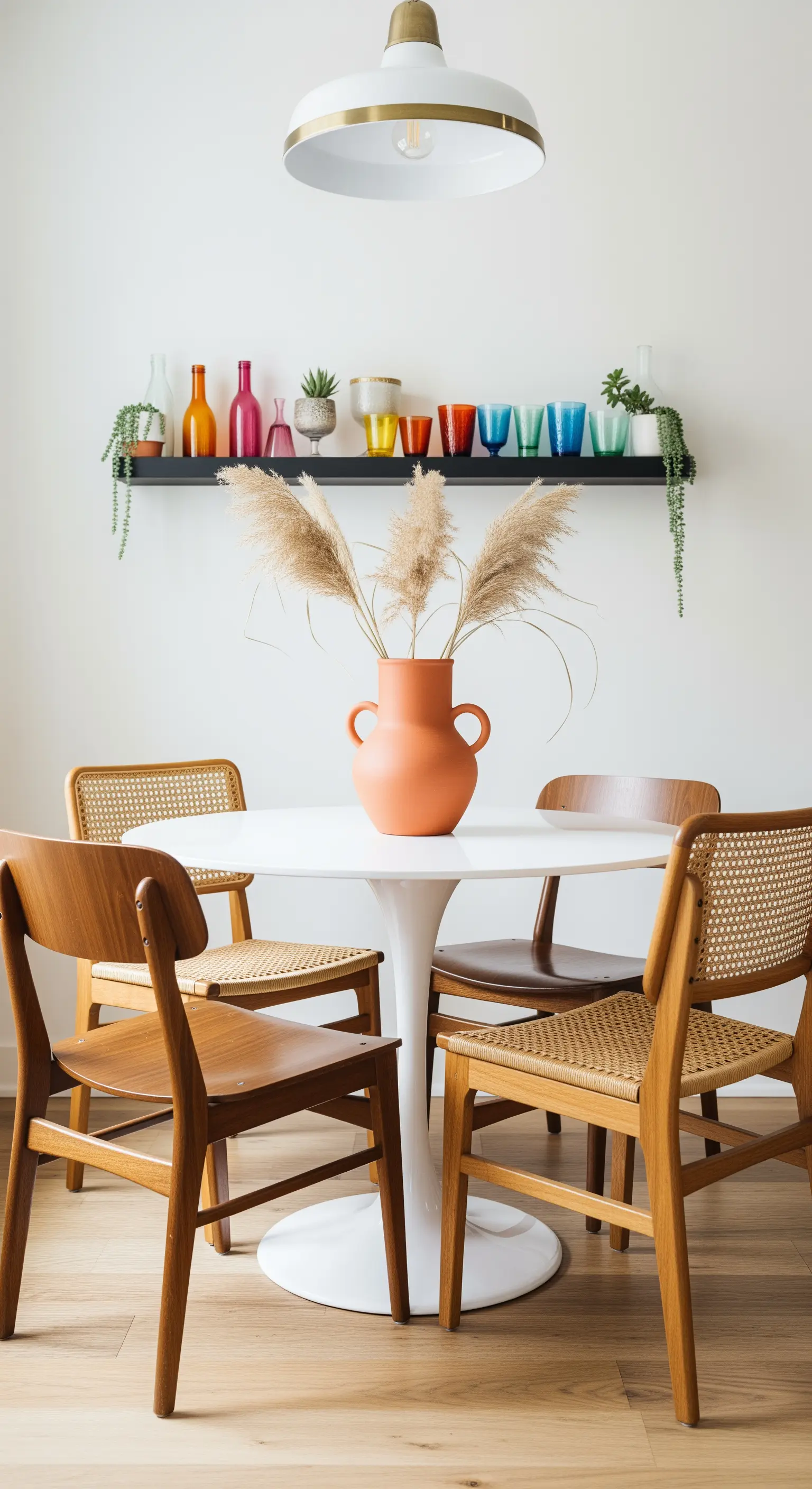 Regal mit bunten Glasvasen und Pflanzen