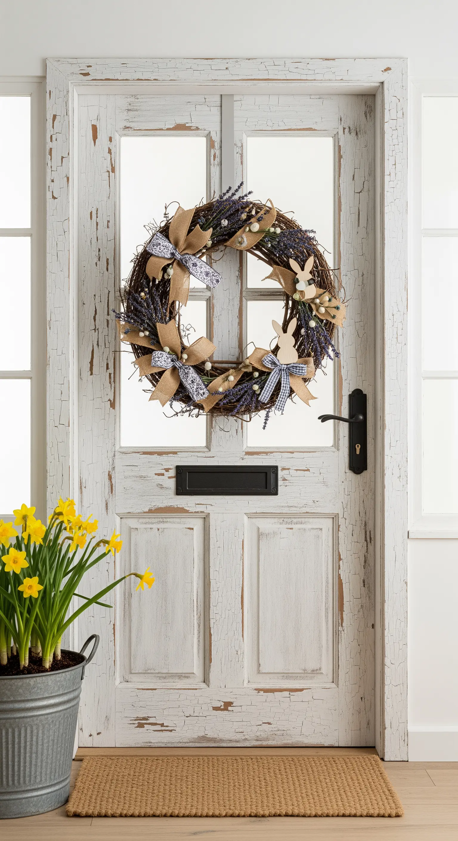 Türkranz aus Zweigen mit Juteschleifen und Holzhase an weißer Tür