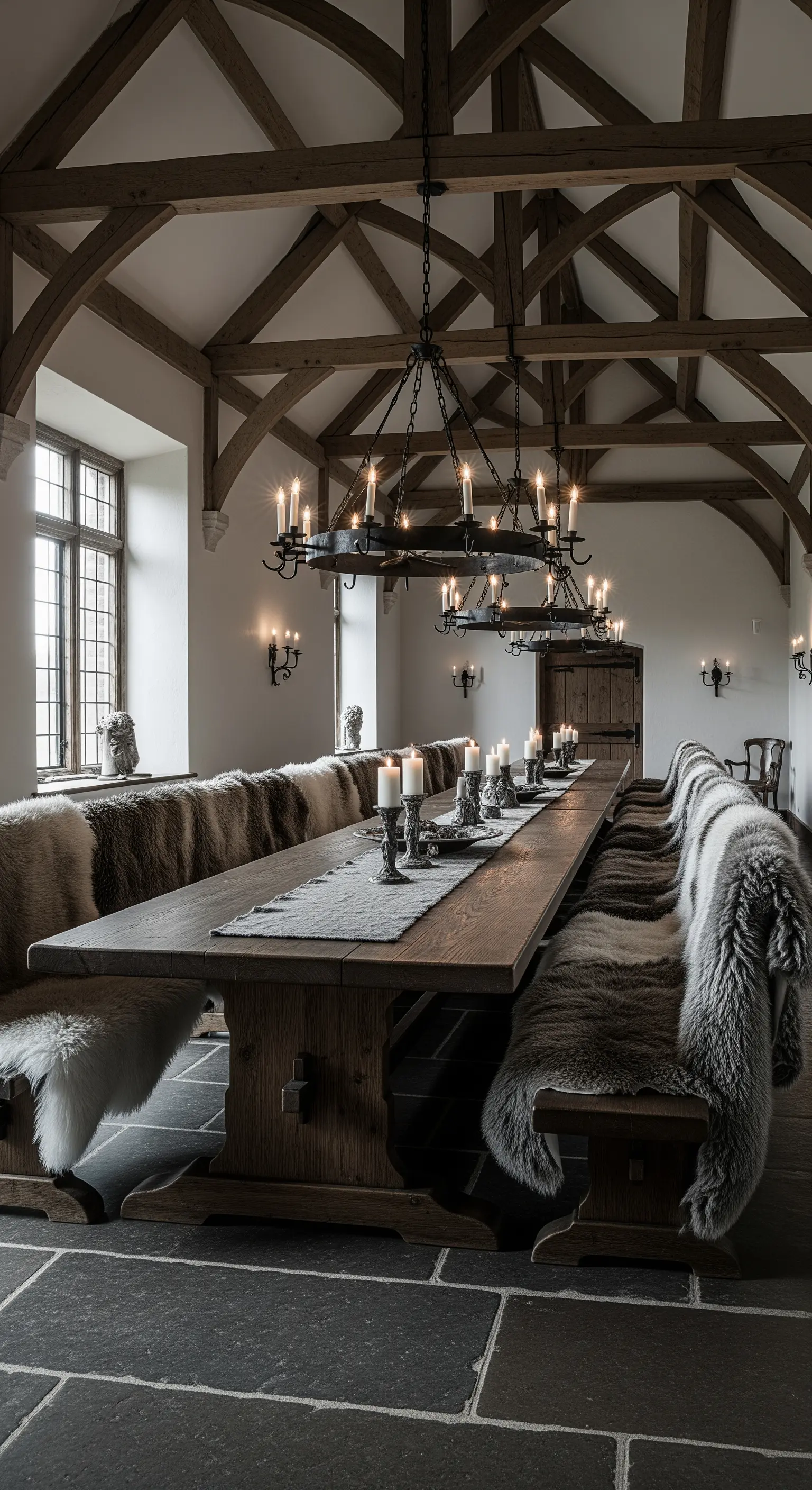 Lange Tafel mit Fellen auf den Bänken