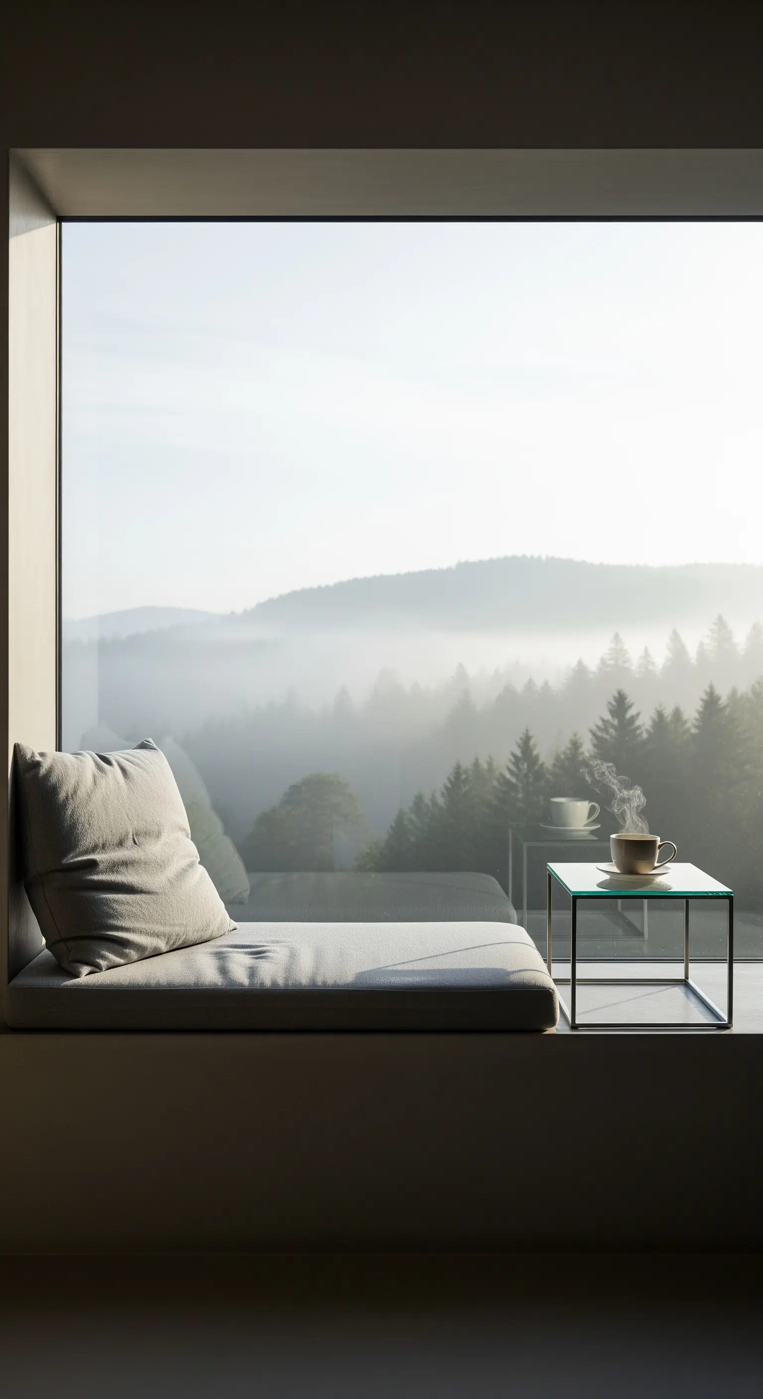 Großes Fenster mit Sitzbank und Blick in den Nebelwald