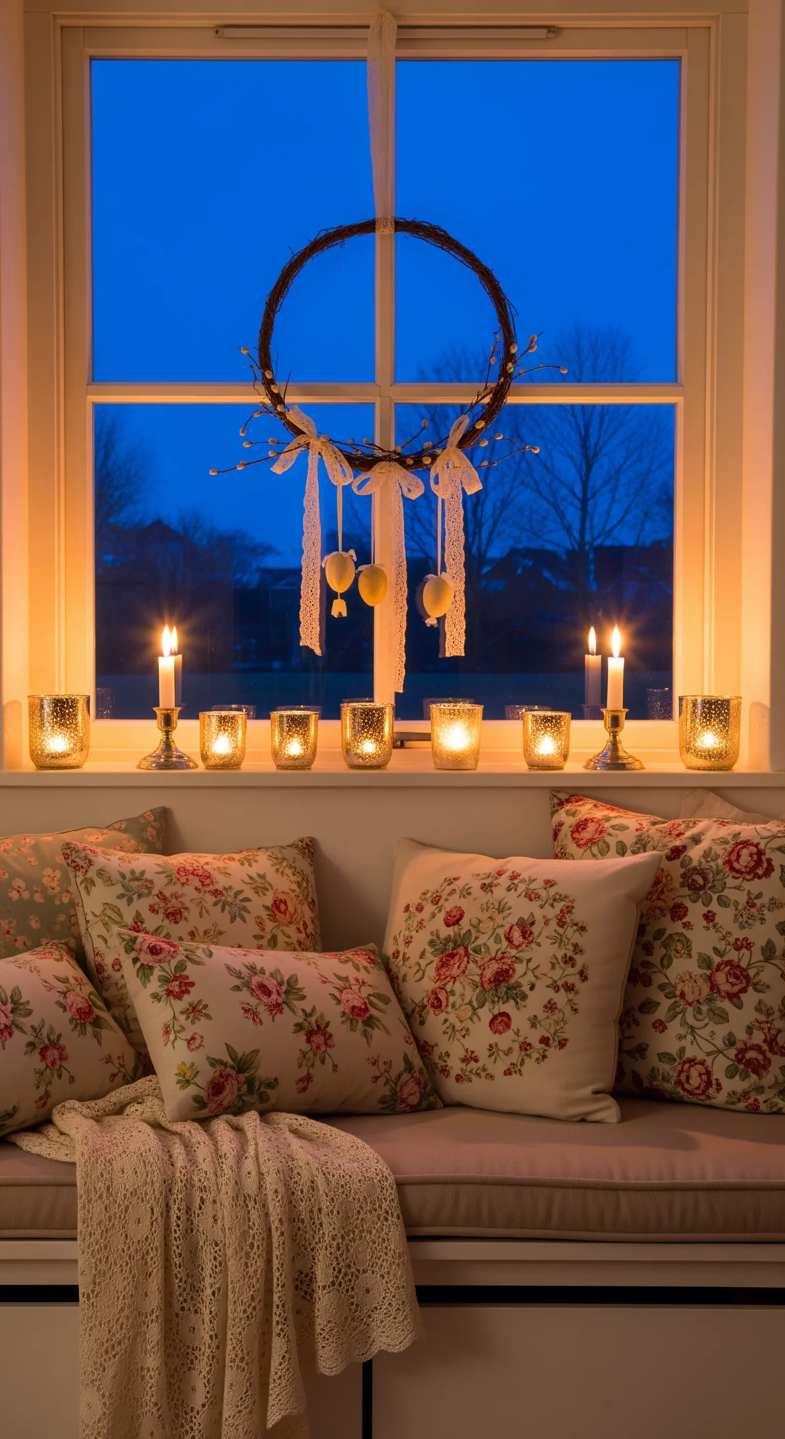 Fensterbank mit vielen Teelichtern und hängendem Kranz am Abend