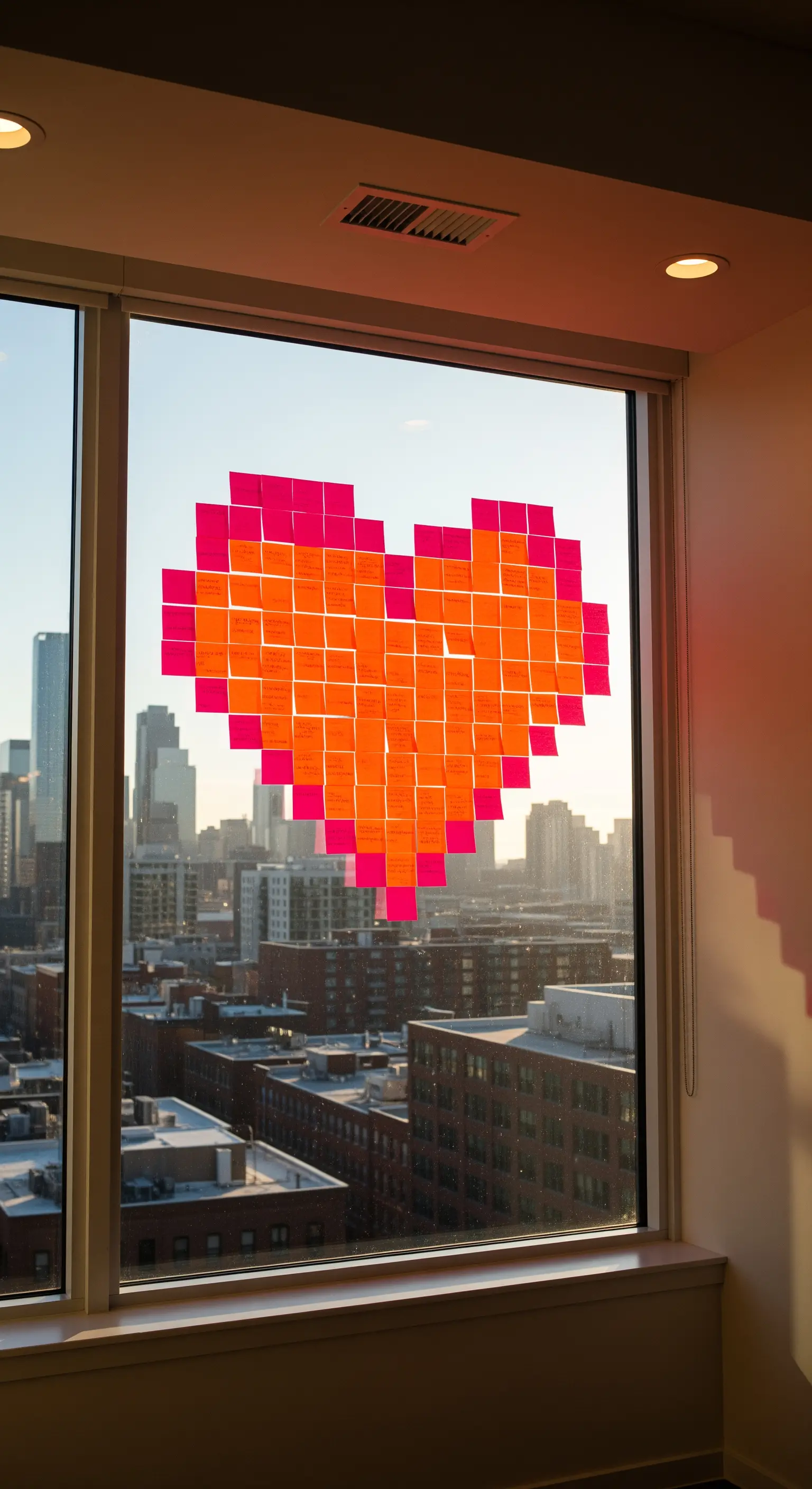 Großes Herz aus pinken Post-its am Fenster mit Stadtblick