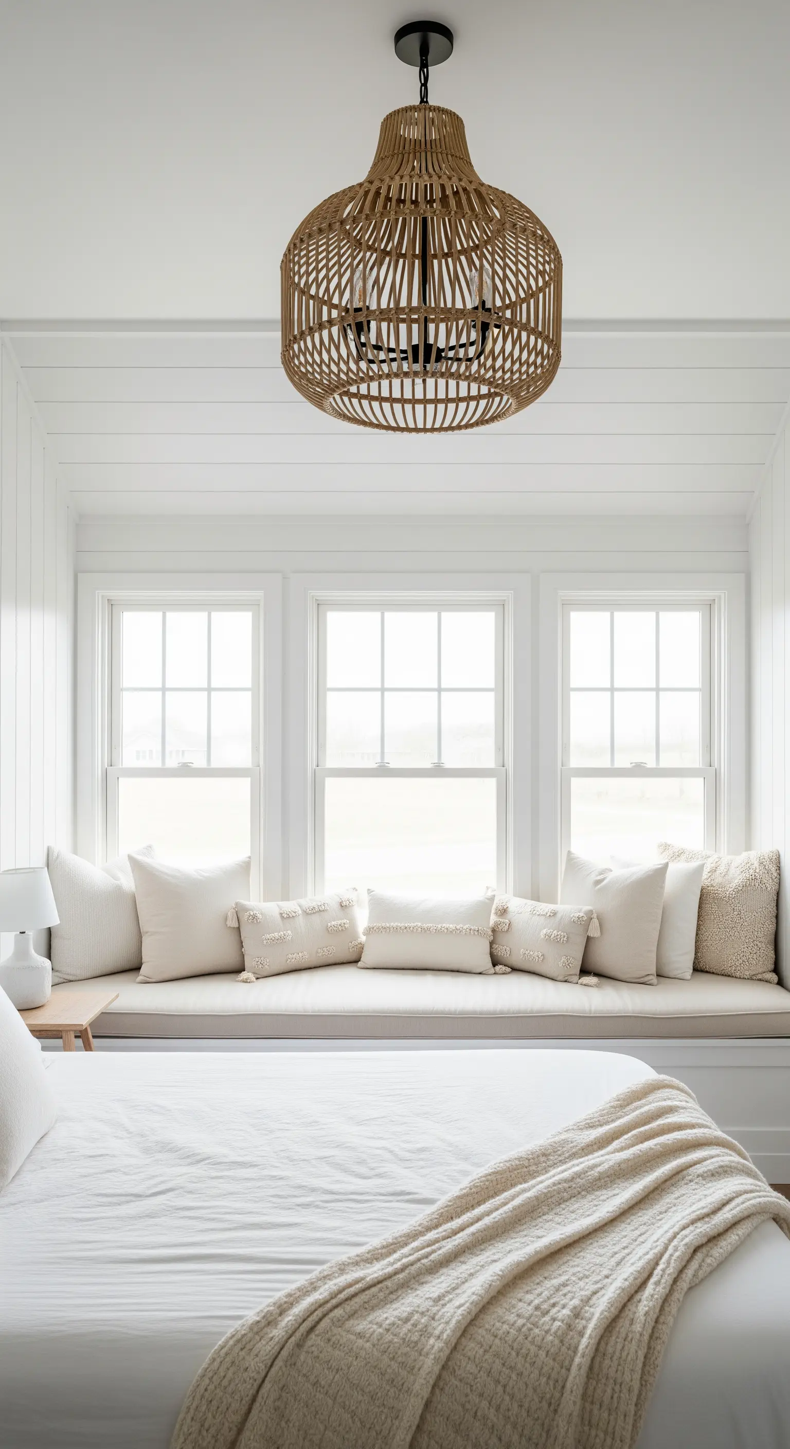 Weißes Schlafzimmer mit gemütlicher Sitzbank im Erkerfenster