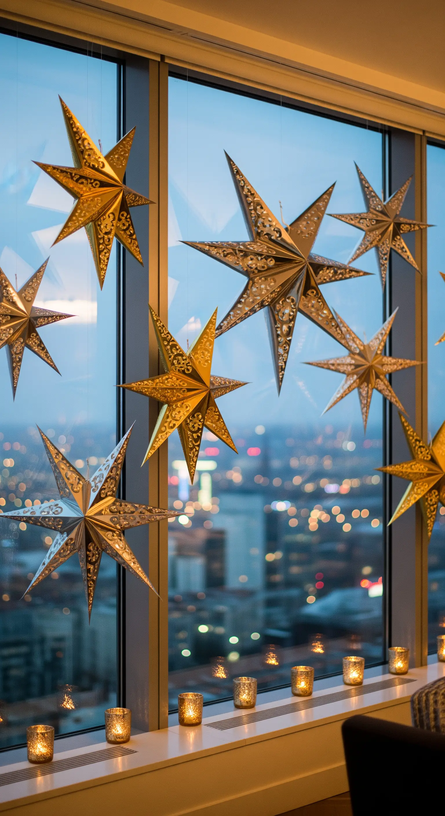 Große goldene Papiersterne hängen vor einem Stadtpanorama-Fenster