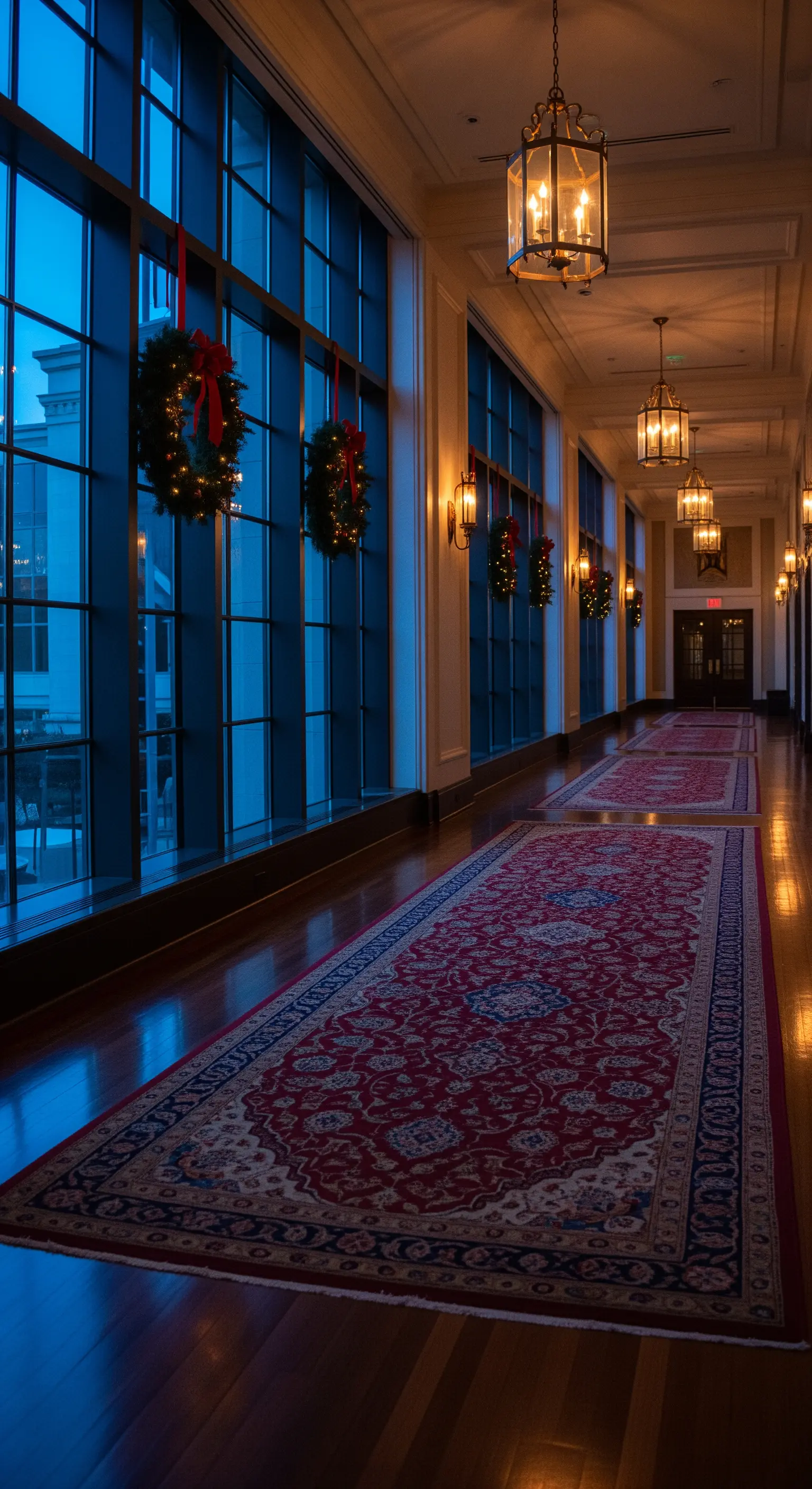 Langer Flur mit Fensterfront und Kränzen an den Scheiben