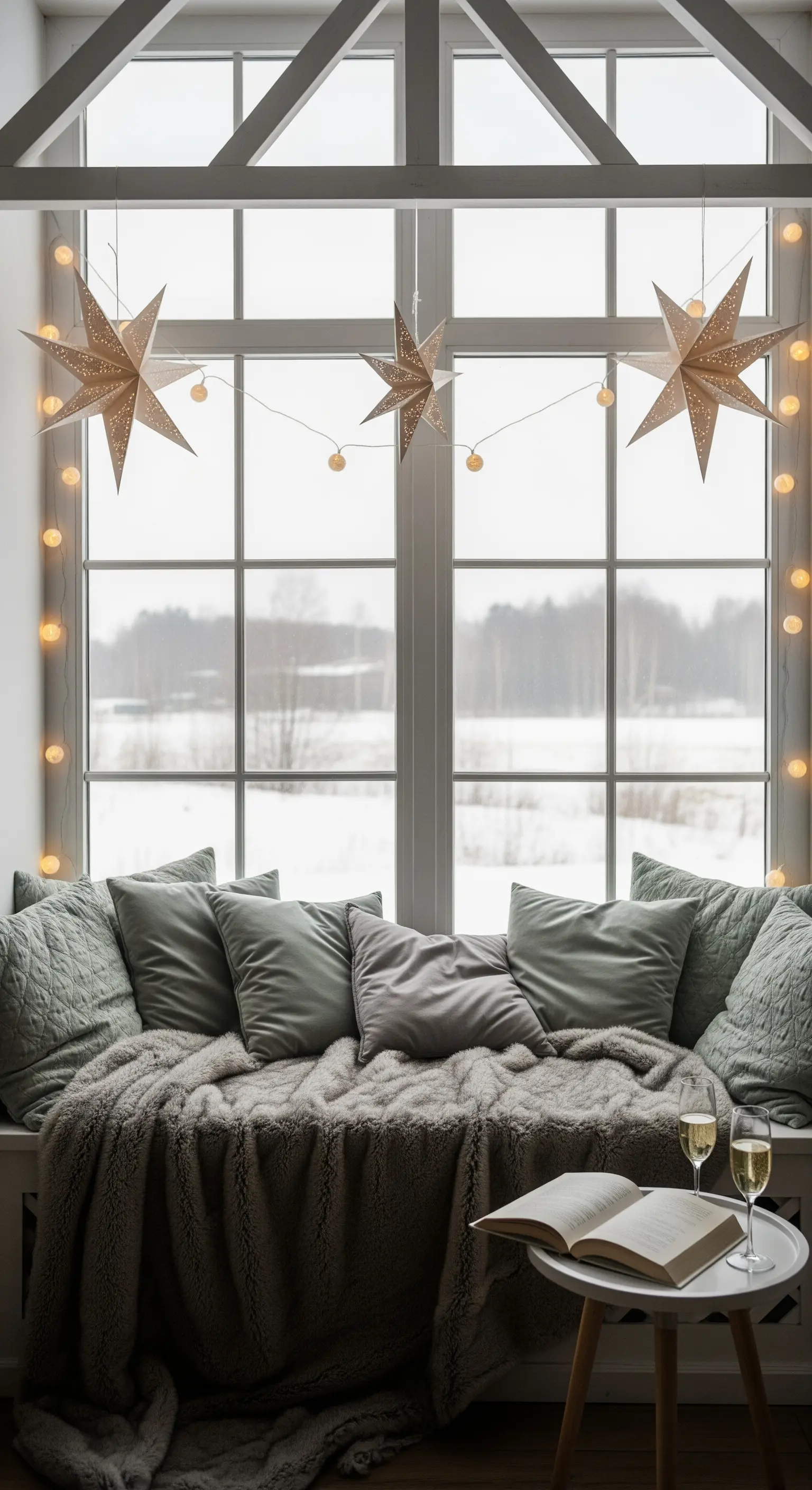 Fenstersitzbank mit hängenden Papiersternen