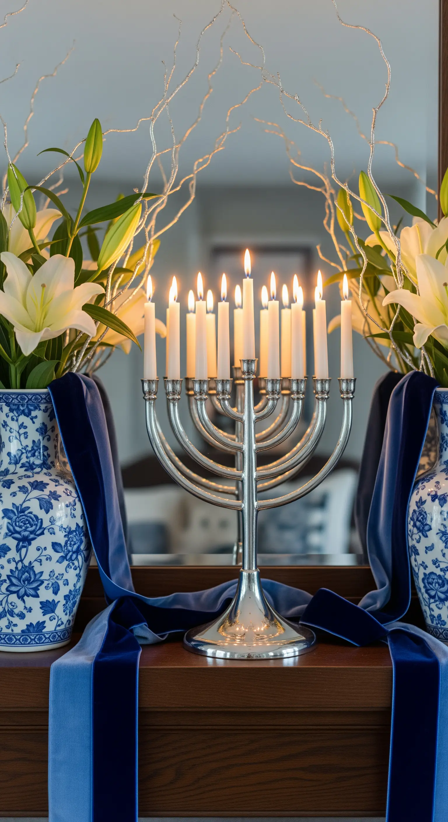 Silberne Menora mit blauen Samtbändern und weißen Blumen