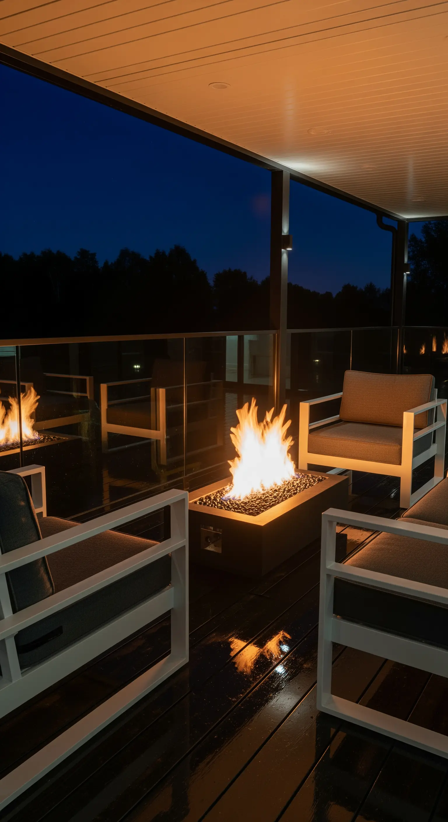 Terrasse mit moderner Feuerstelle und Glas