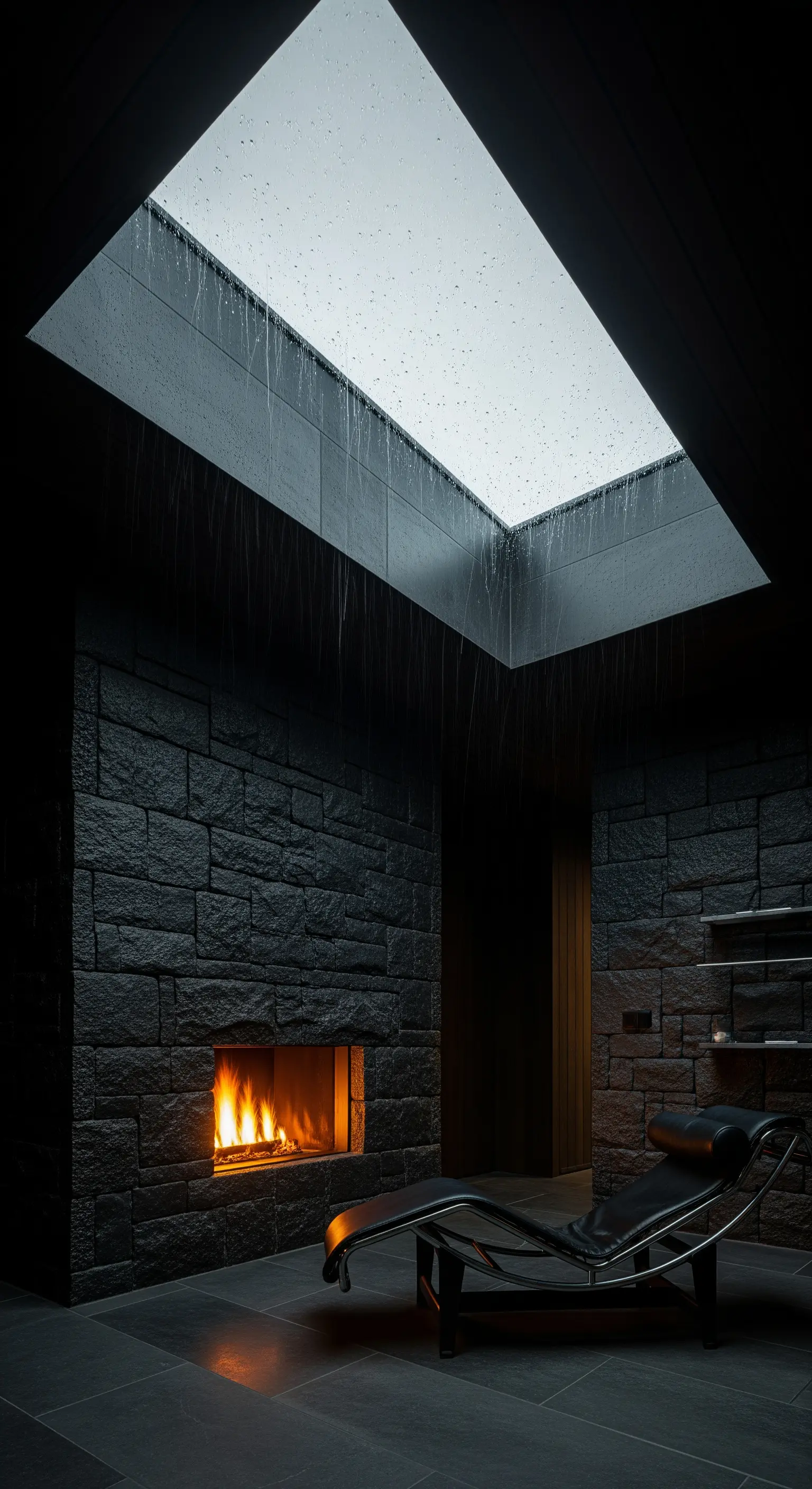 Moderner Kamin in dunkler Steinwand im Bad