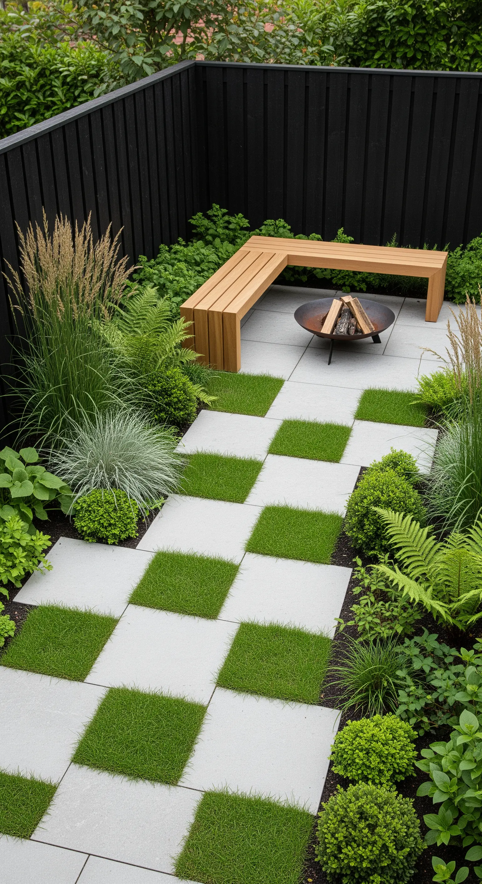 Feuerschale mit schwebender Holzbank im Garten