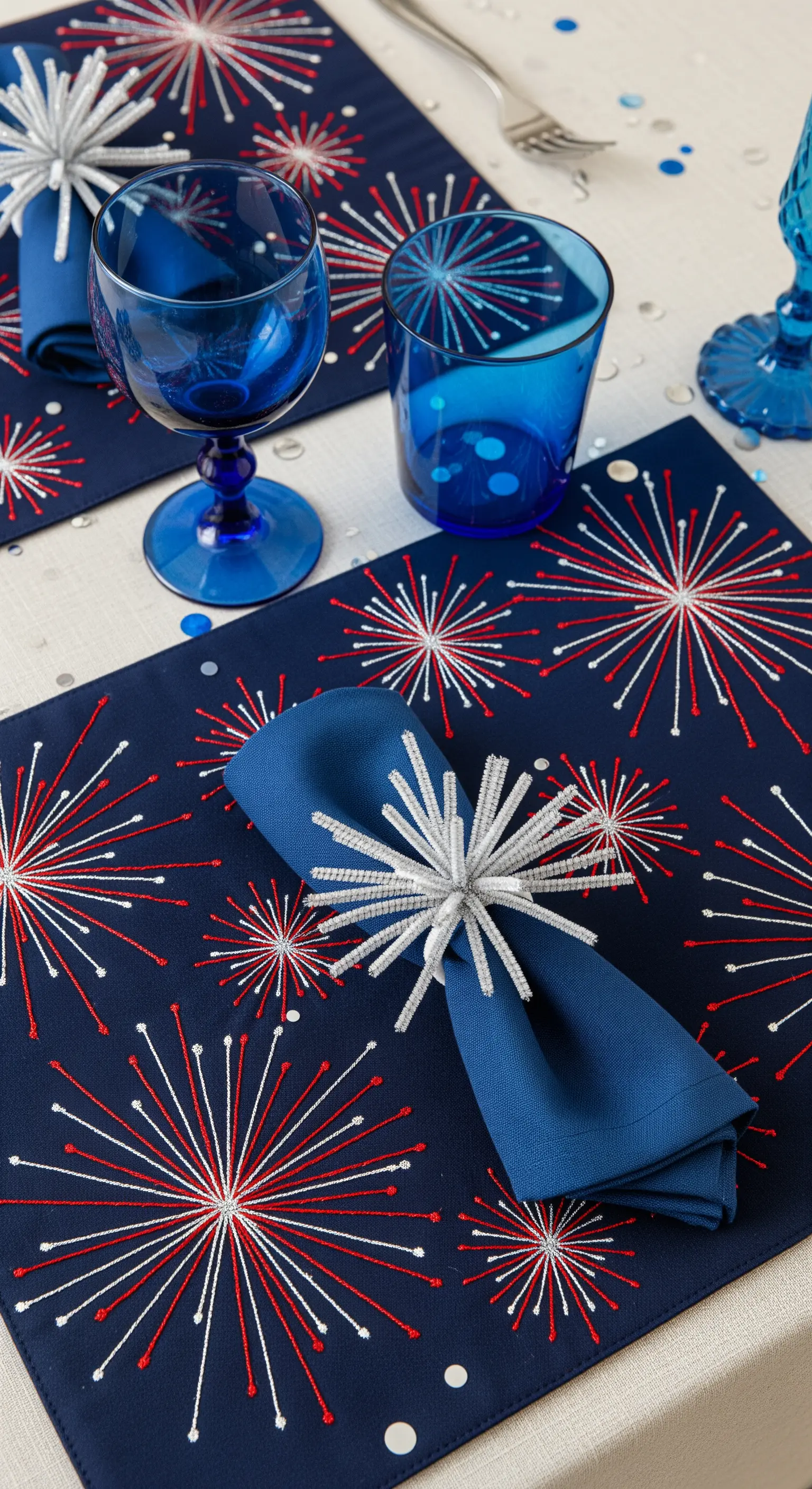 Blaues Platzset mit Feuerwerks-Stickerei und Glitzer-Ring
