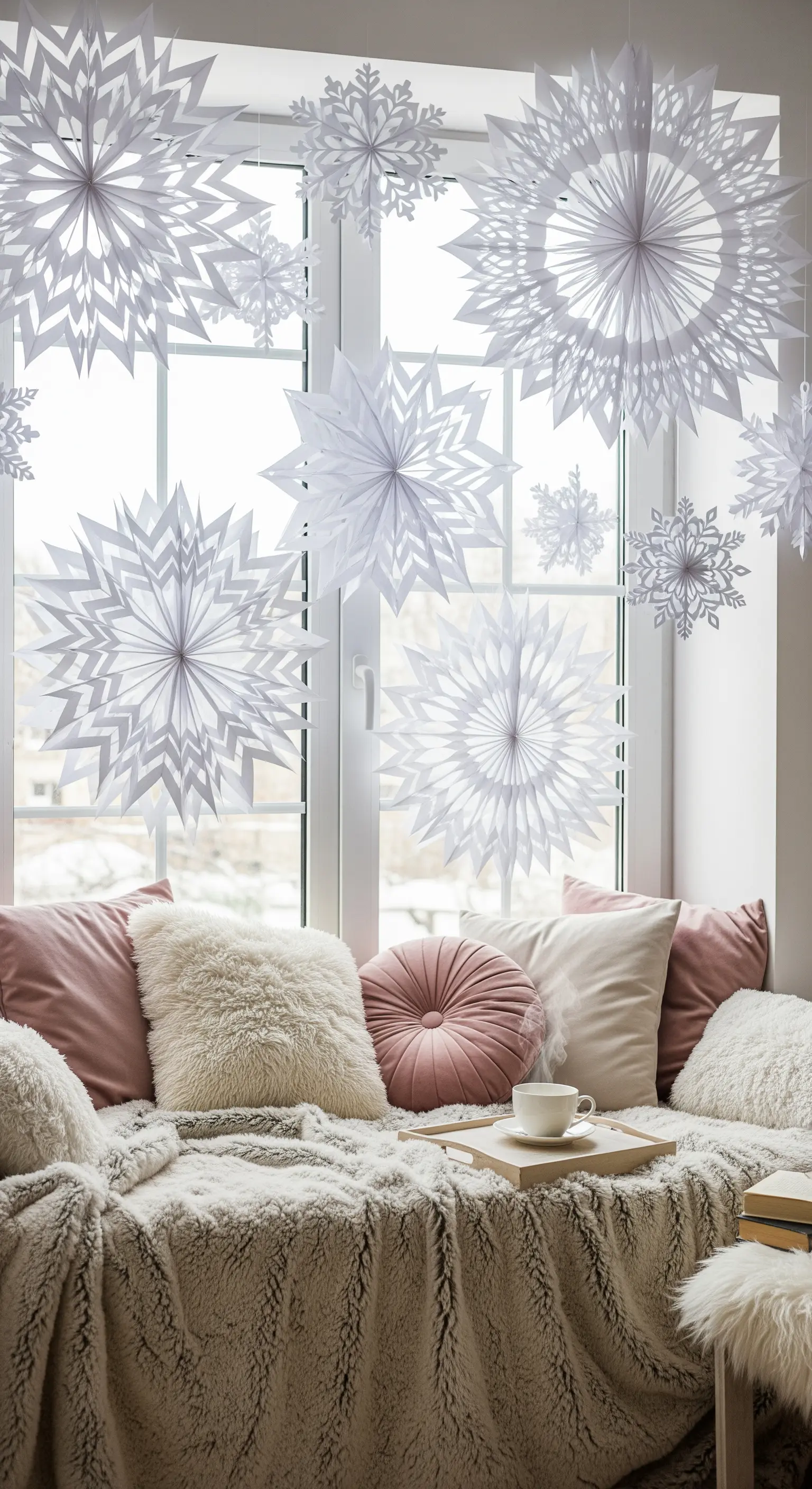 Weiße Papier-Schneeflocken in verschiedenen Größen vor großem Fenster