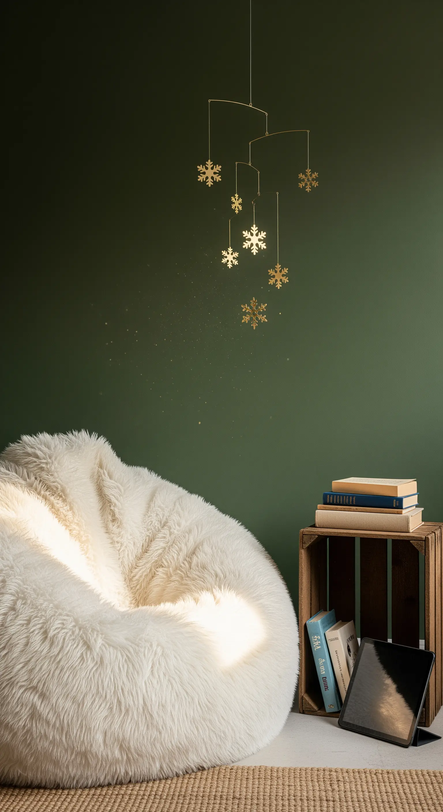 Goldenes Mobile vor grüner Wand über weißem Flokati-Sitzsack