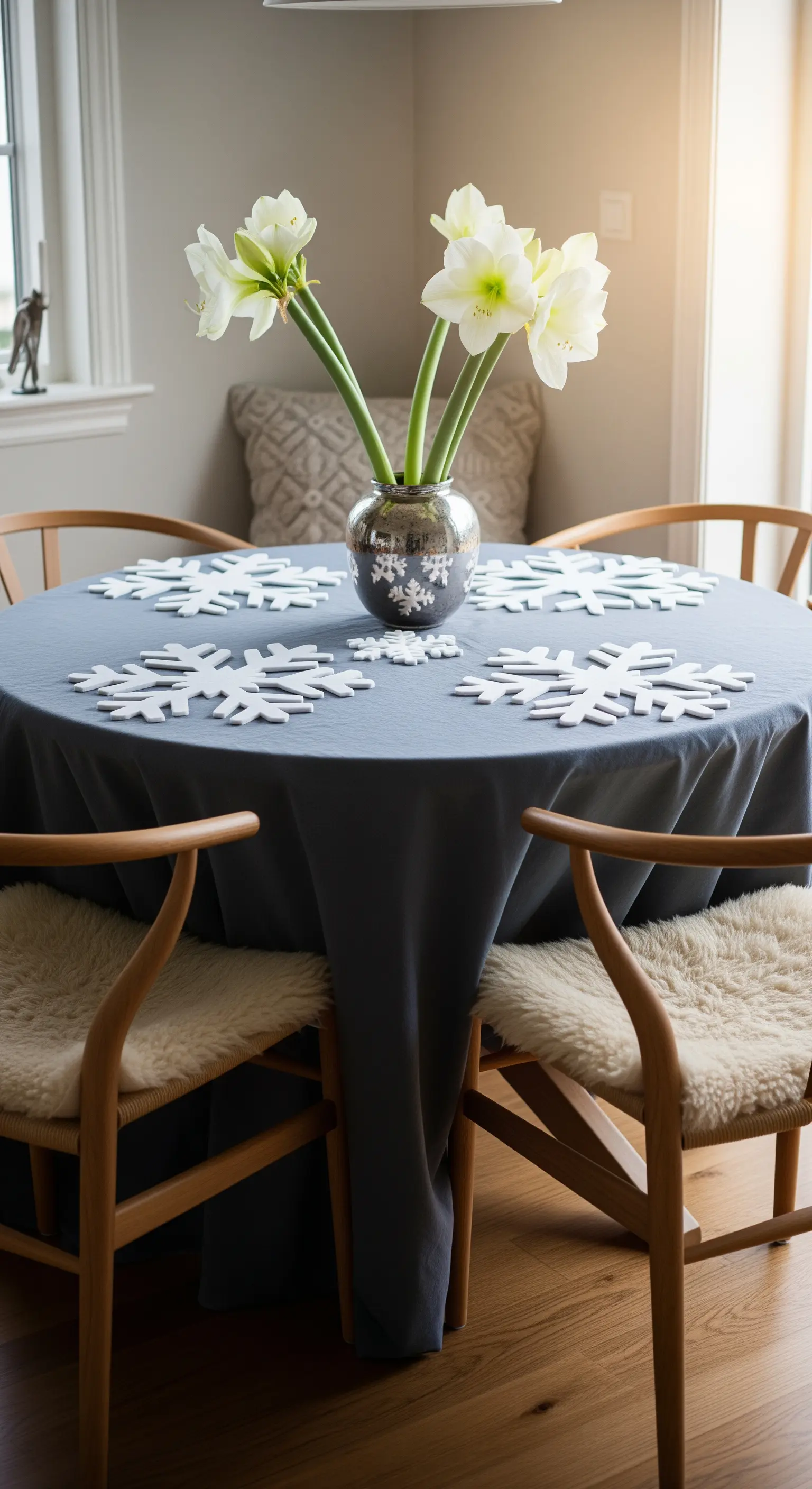 Esstisch mit blauer Decke und weißen Filzschneeflocken
