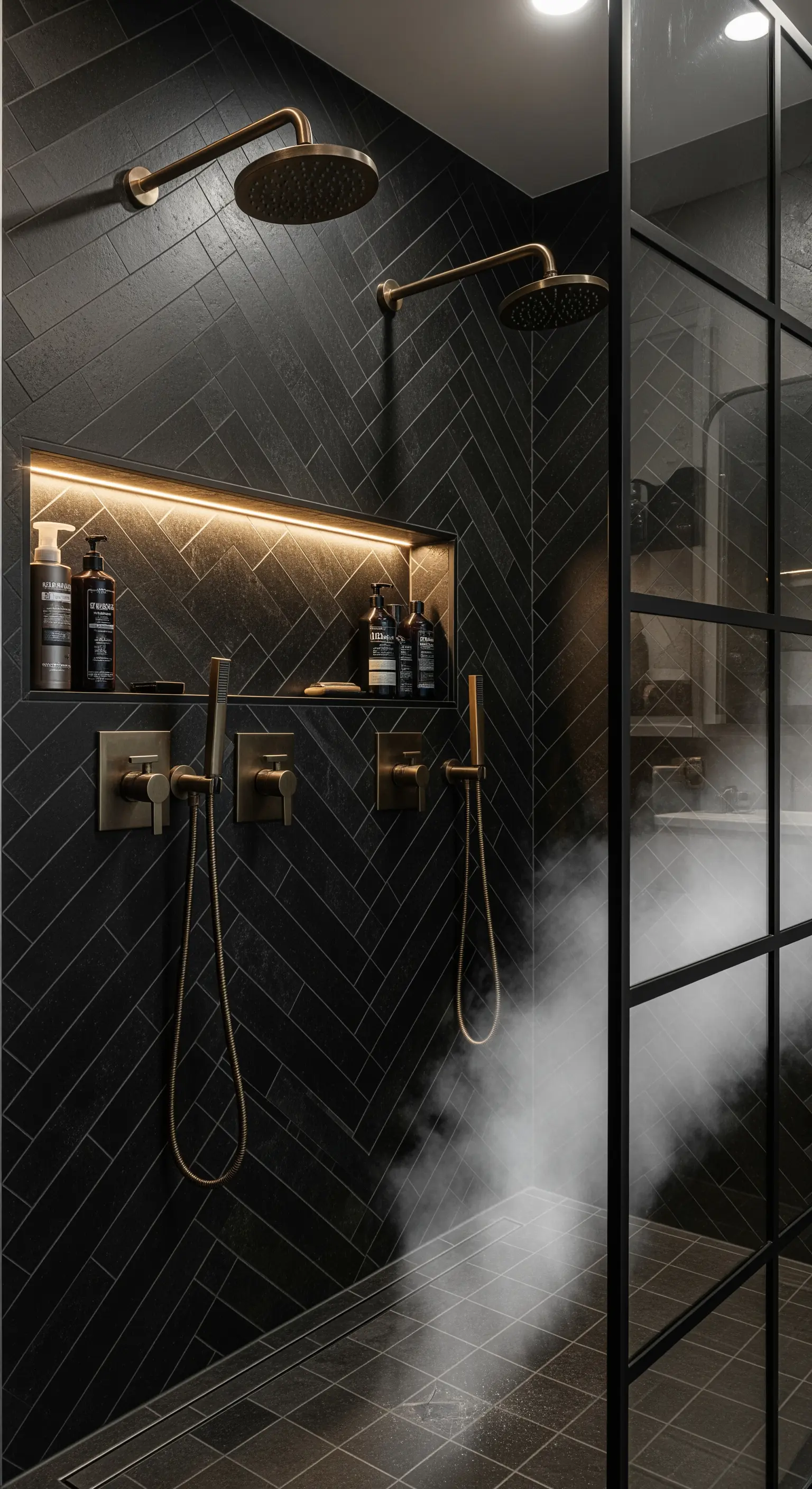 Dusche mit schwarzen Fischgrät-Fliesen und Messingarmaturen