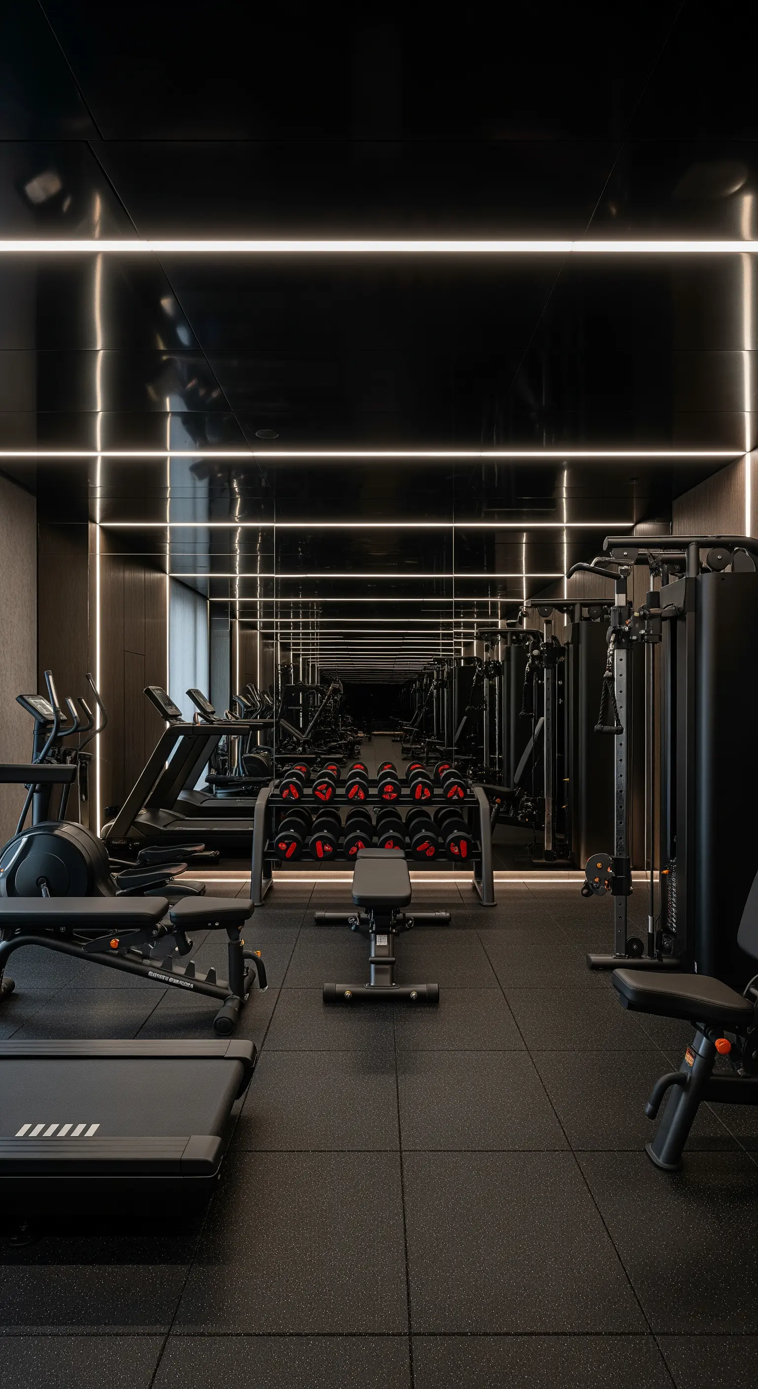 Dunkles Fitnessstudio mit Spiegeln und LED