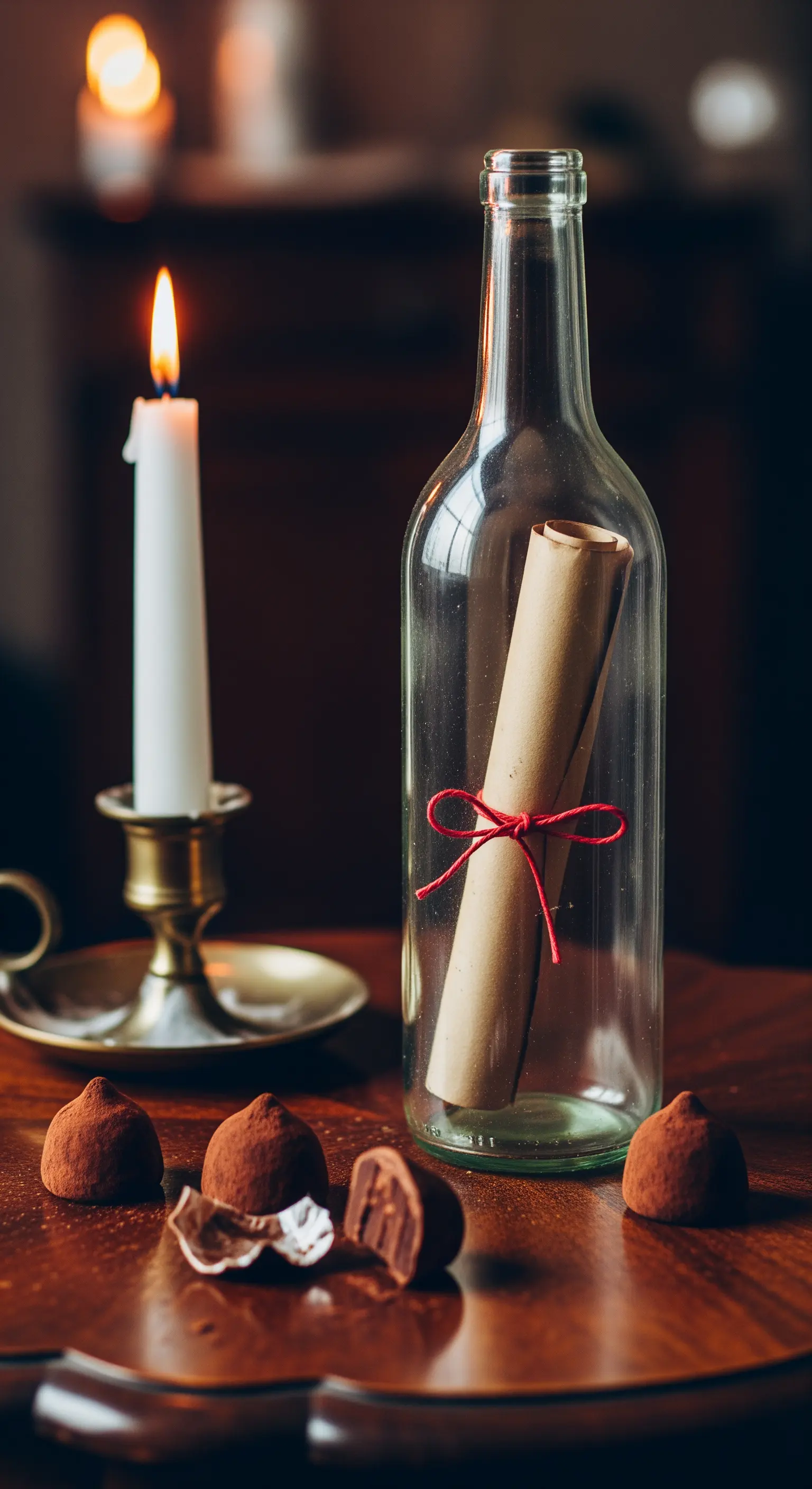 Glasflasche mit Liebesbrief-Rolle und Kerze auf Holztisch