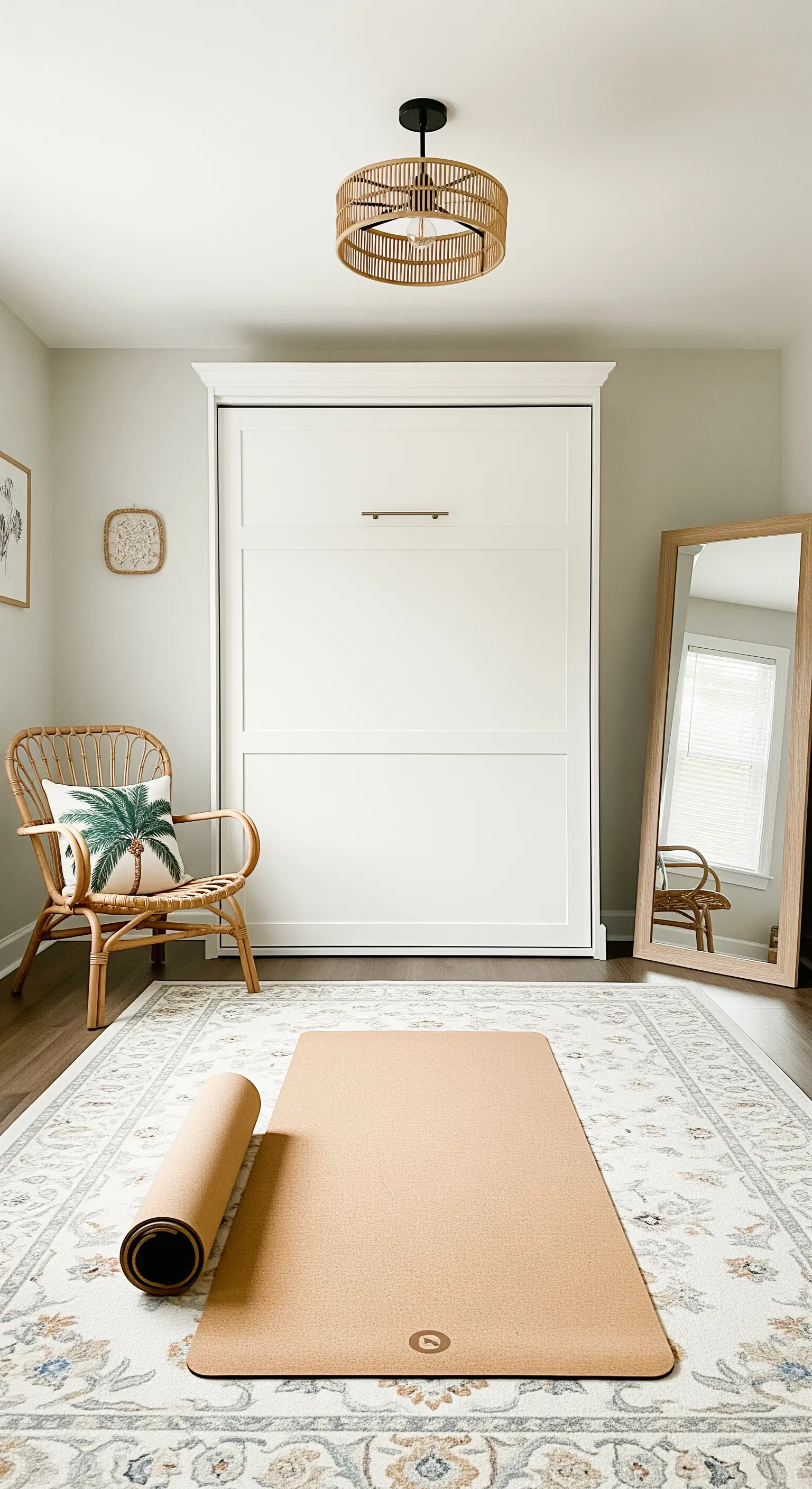 Weißes Schrankbett geschlossen mit Yogamatte und Spiegel davor