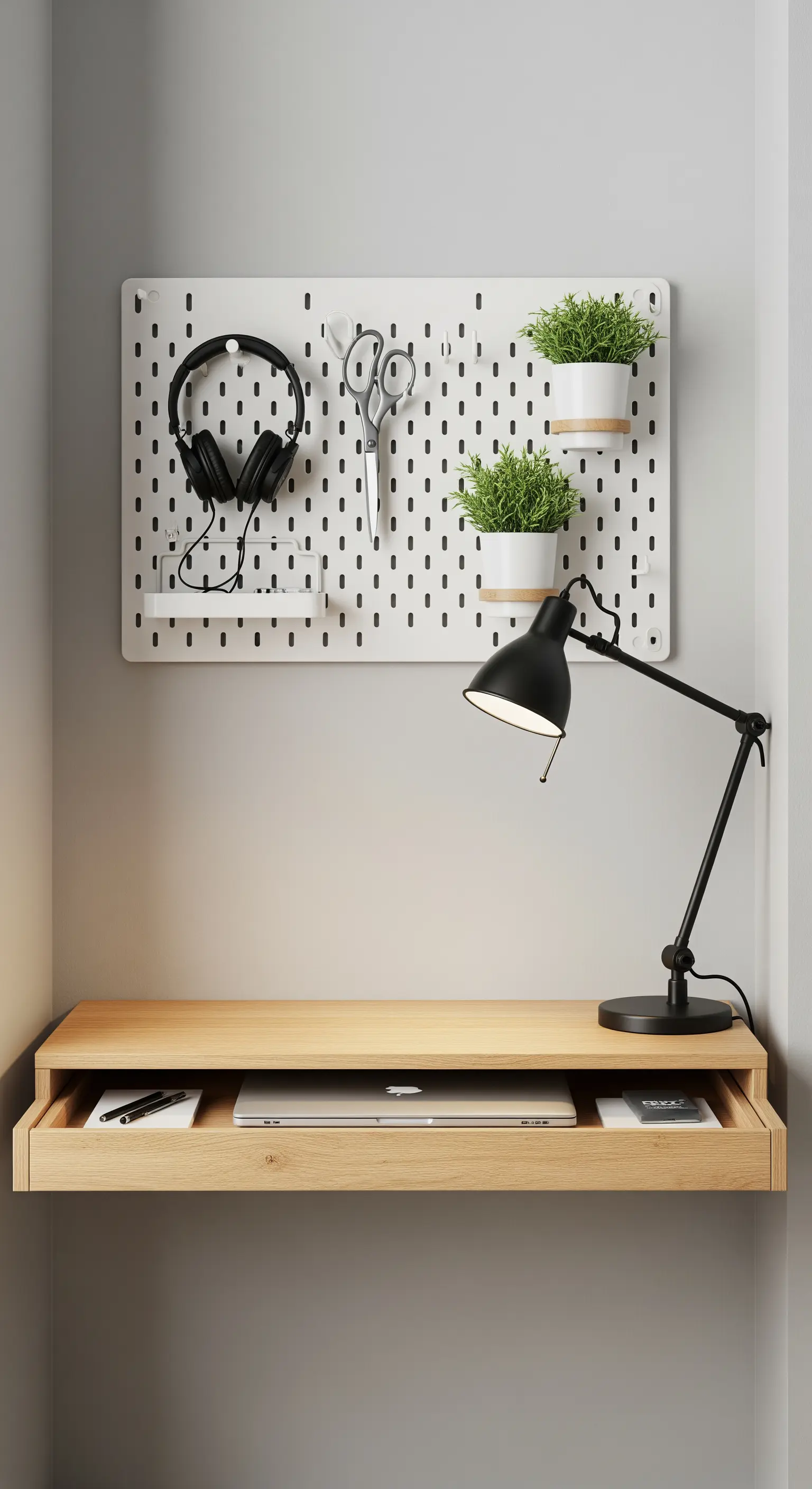 Weißes Lochbrett mit Kopfhörern und Pflanzen über Schreibtisch