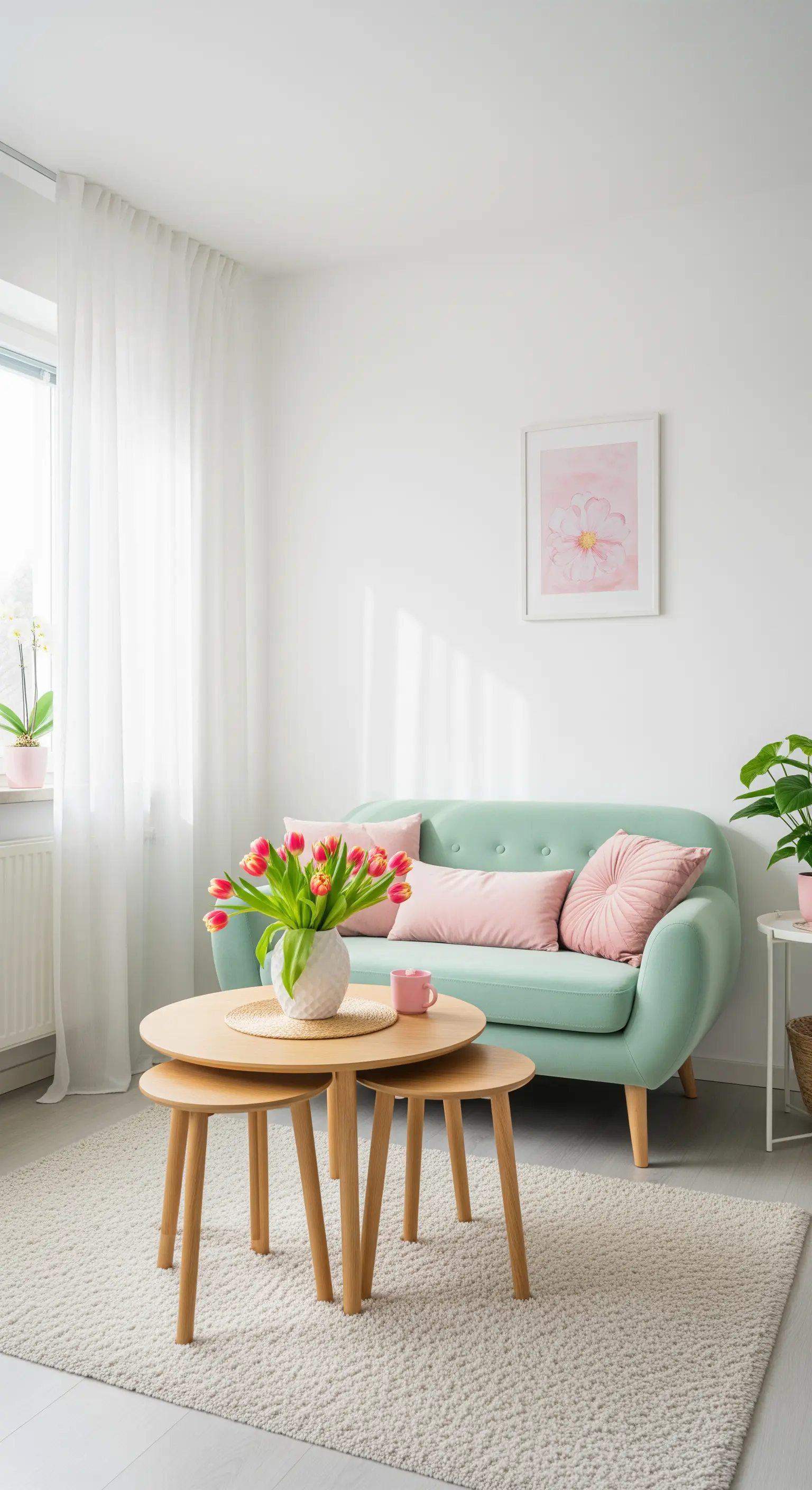 Mintgrünes Sofa mit Satztischen aus Holz und rosa Tulpen