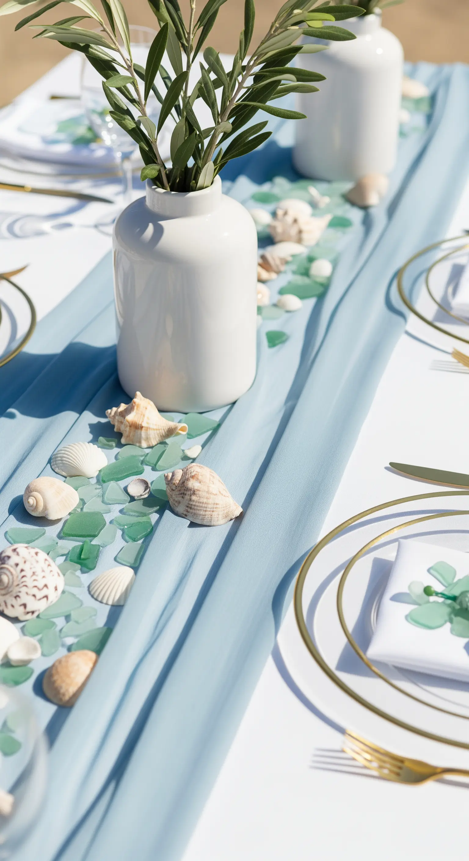 Blauer Stoffläufer mit Muscheln und weißer Vase