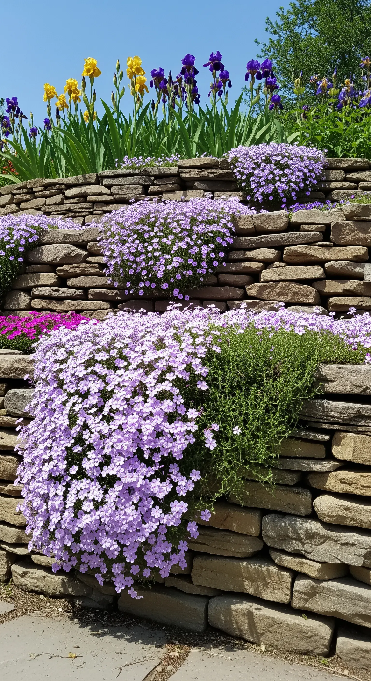 Trockenmauer überwachsen von lila Polsterphlox-Kaskaden