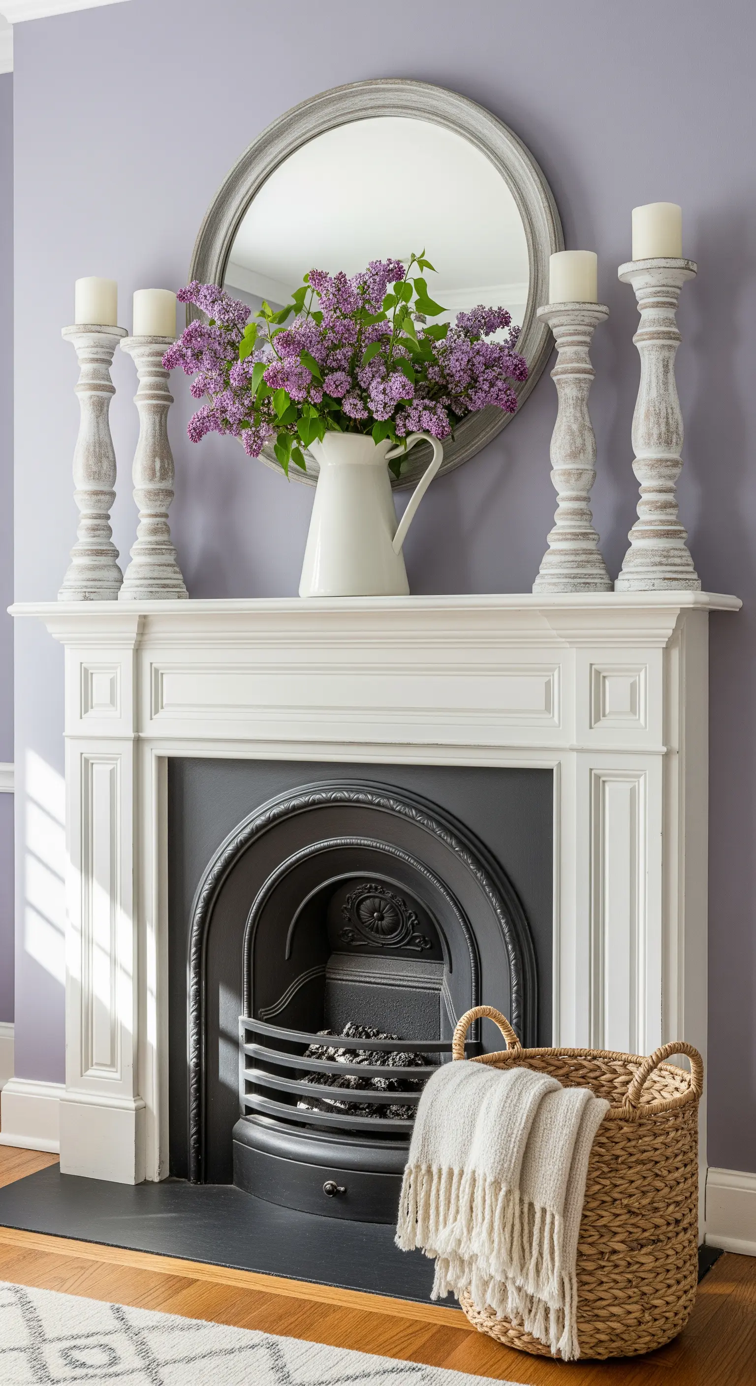 Flieder in weißer Vase vor rundem Spiegel auf Kamin