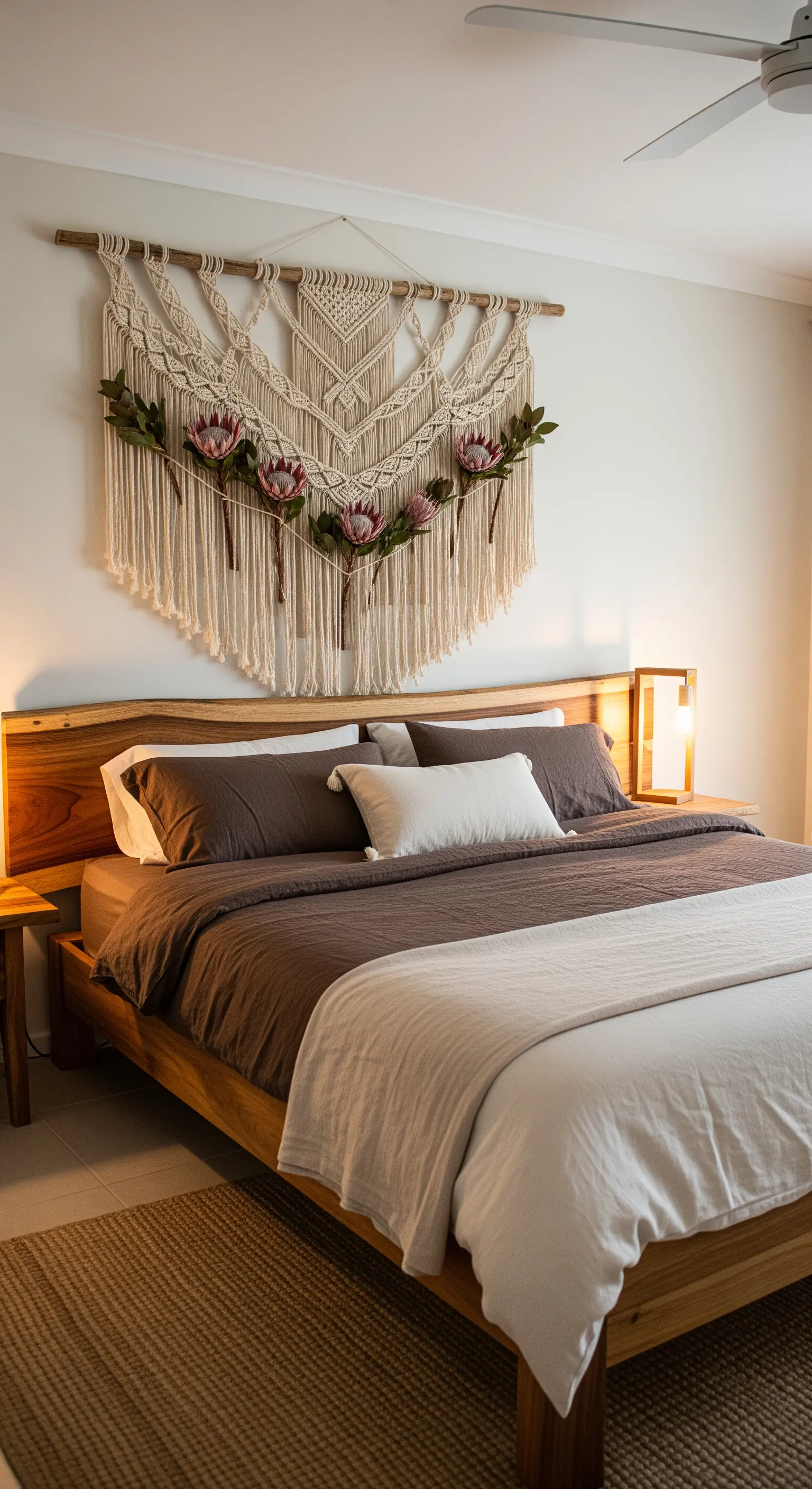 Großes Makramee über dem Bett, geschmückt mit Protea-Blüten