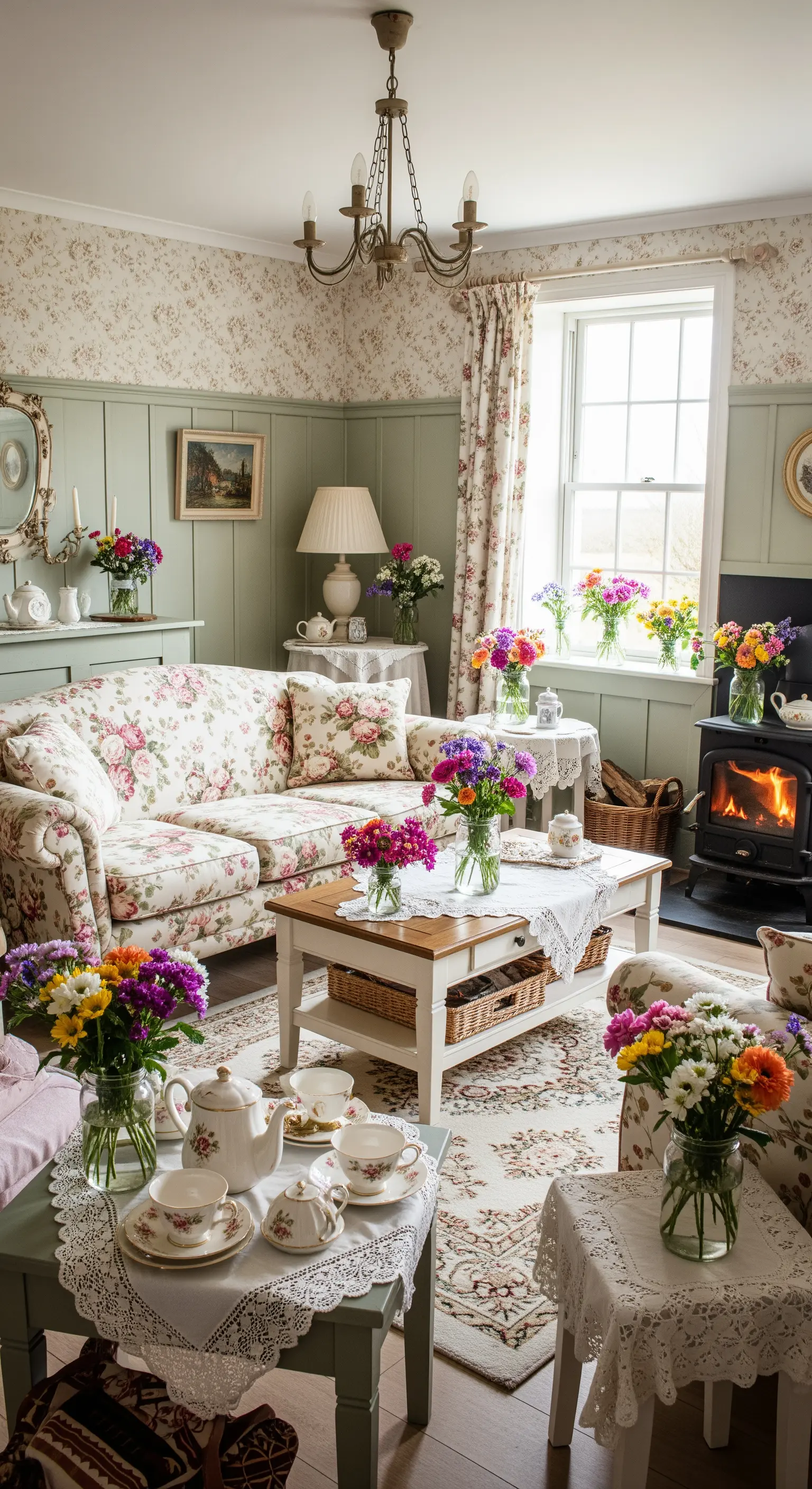 Cottagecore Wohnzimmer mit Blumensofa und Spitzendecken