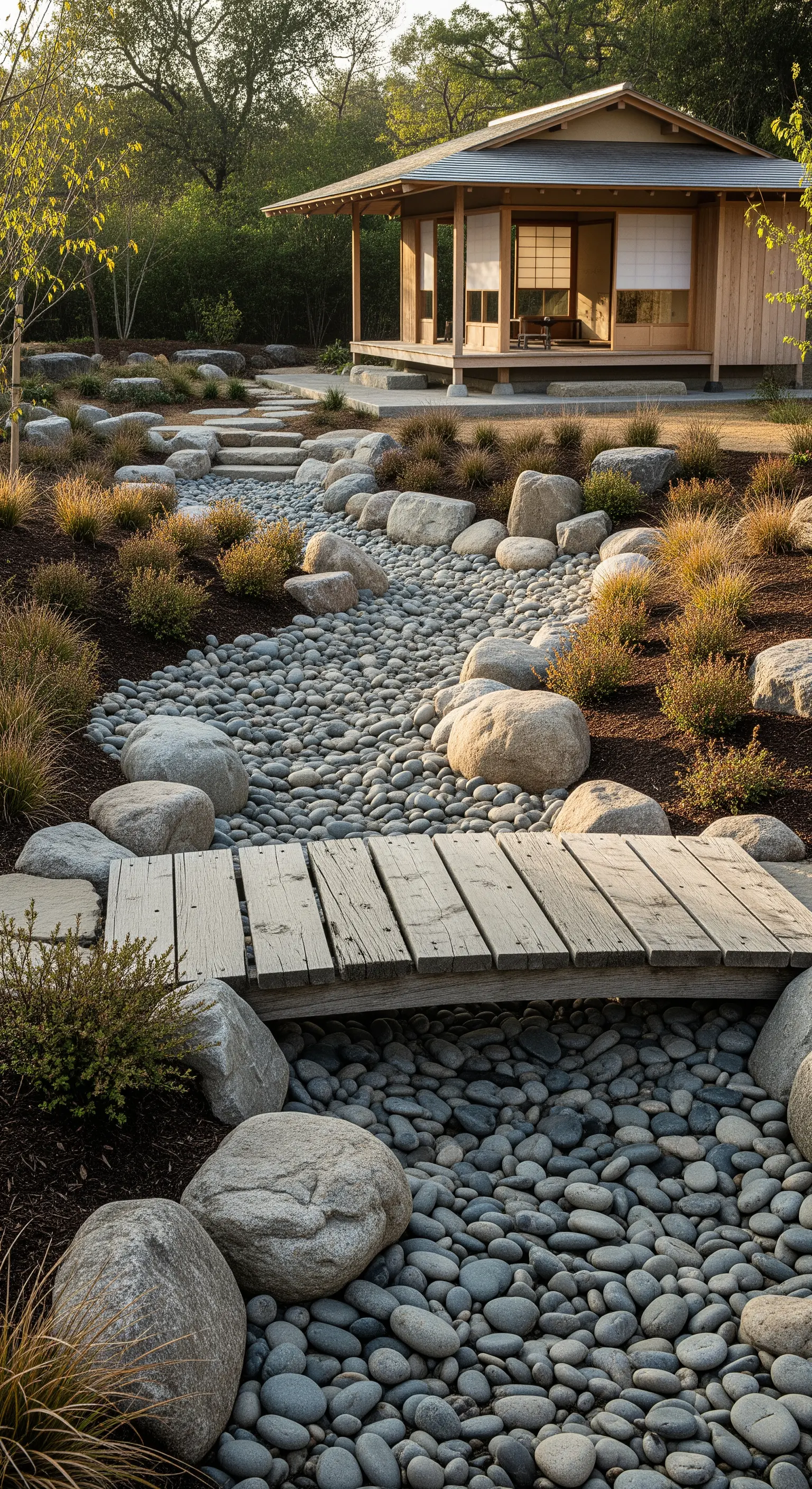 Holzsteg über einem Bett aus grauen Flusskieseln