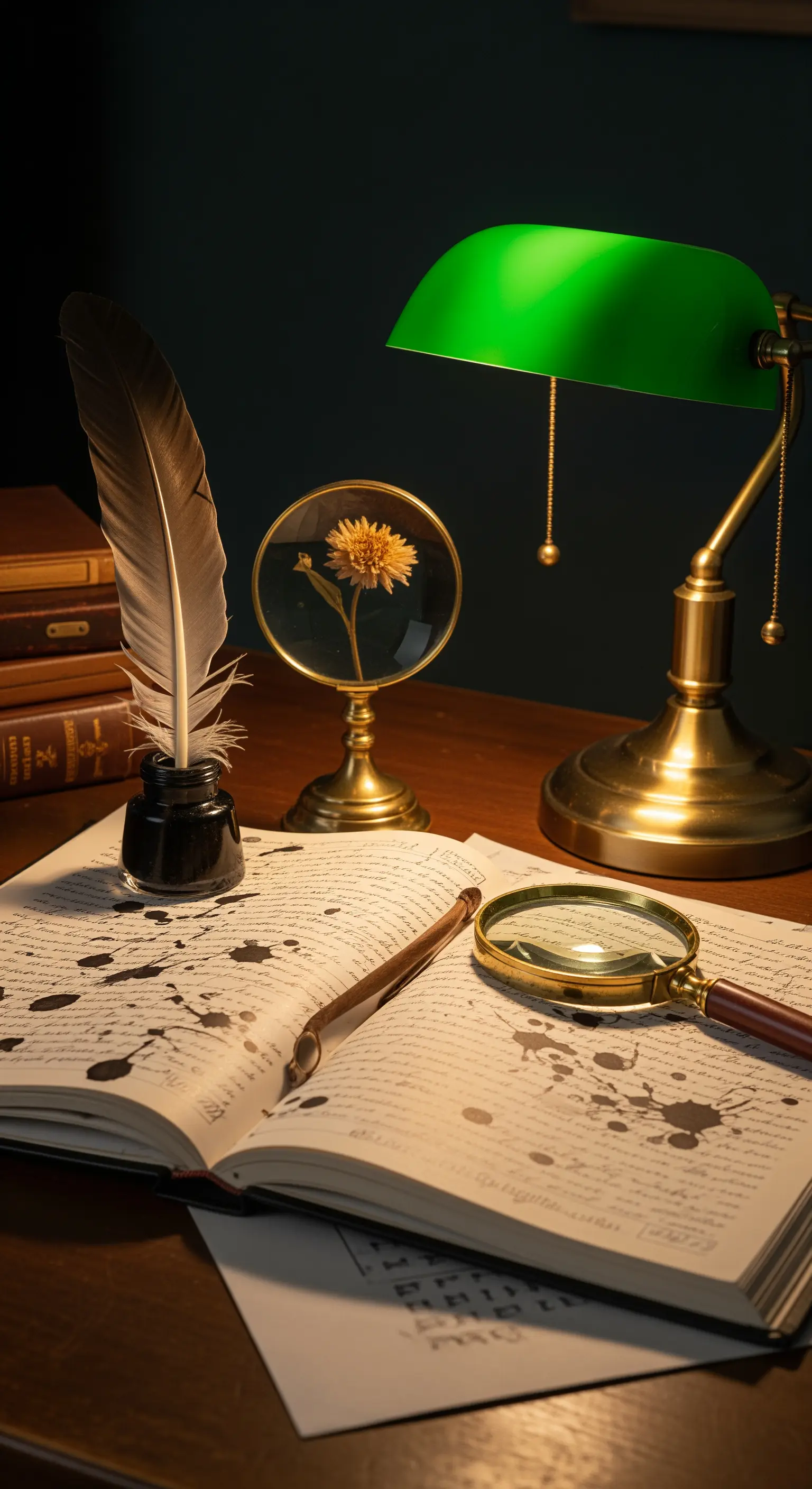 Schreibtisch-Detail mit Feder und Lupe