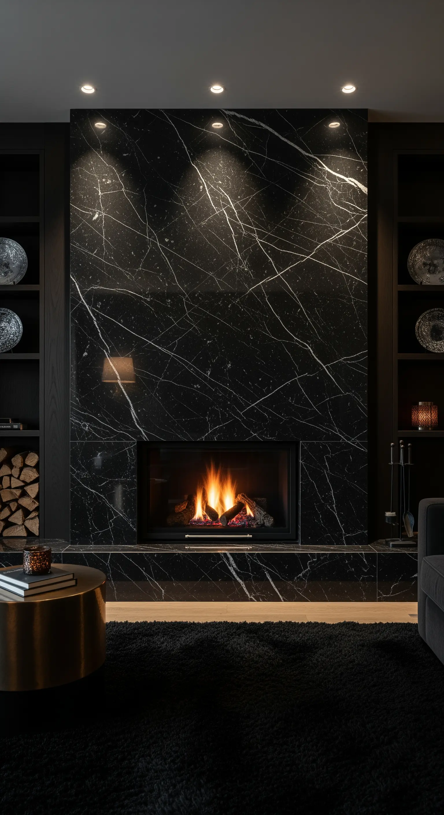 Schwarzer Marmorkamin mit gezielter Spot-Beleuchtung