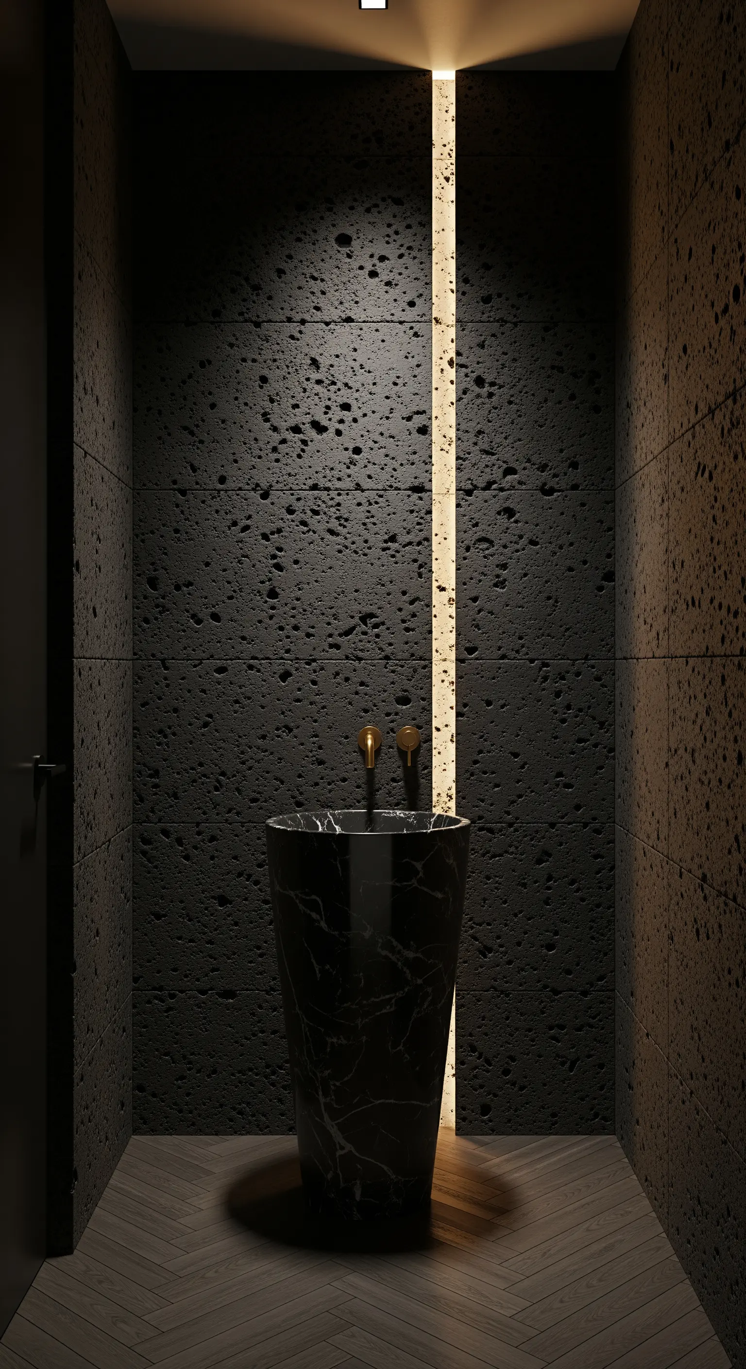 Dunkles Bad mit vertikalem LED-Lichtstreifen hinter Waschbecken